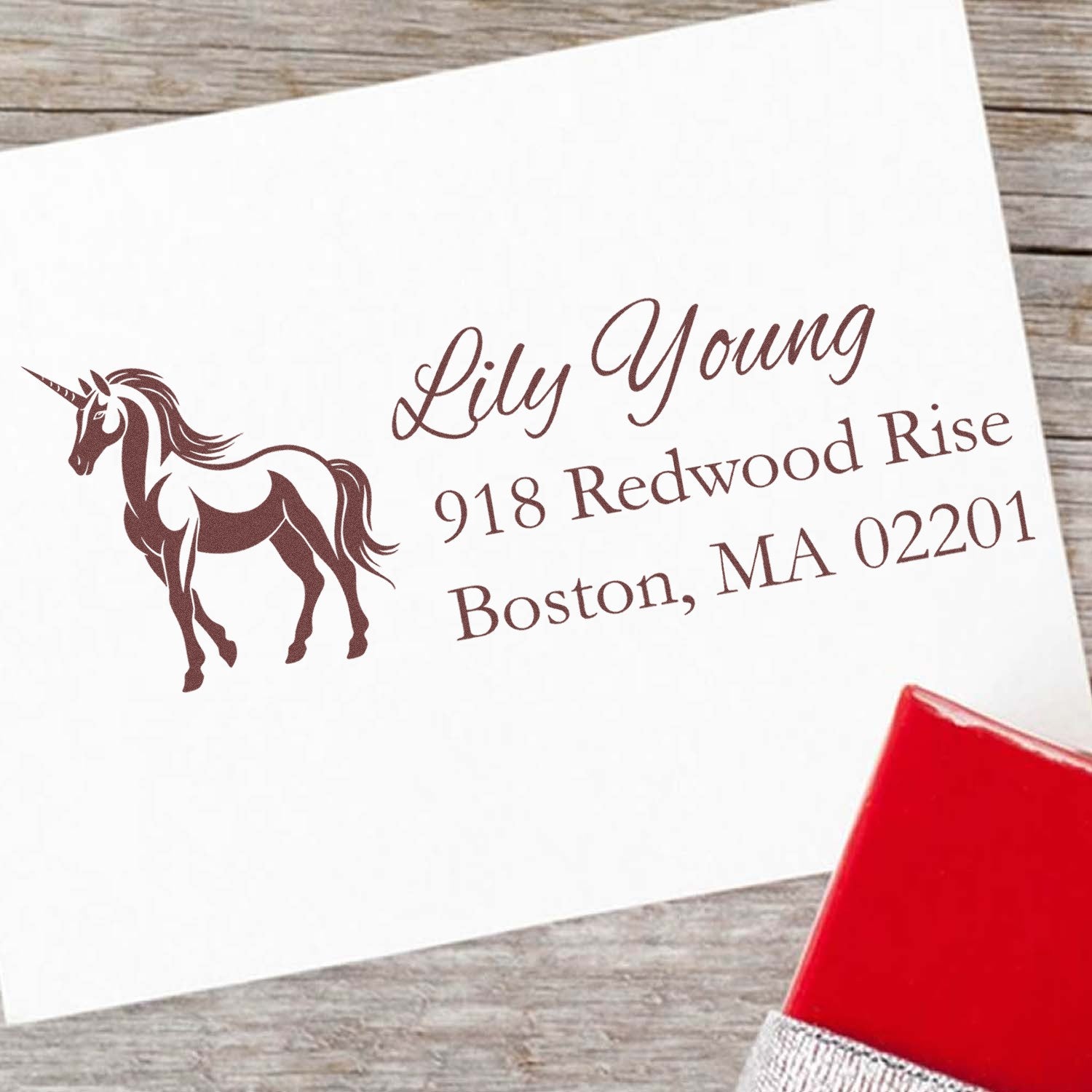 Custom unicorn return address rubber stamp for Lily Young, Boston MA, personalized envelope and stationery stamping design.