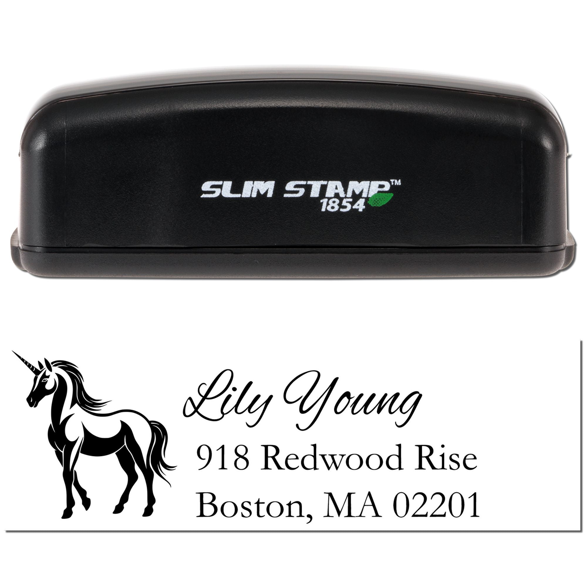 Slim Stamp 1854 custom self-inking return address rubber stamp with unicorn design for Lily Young, Boston, MA 02201.