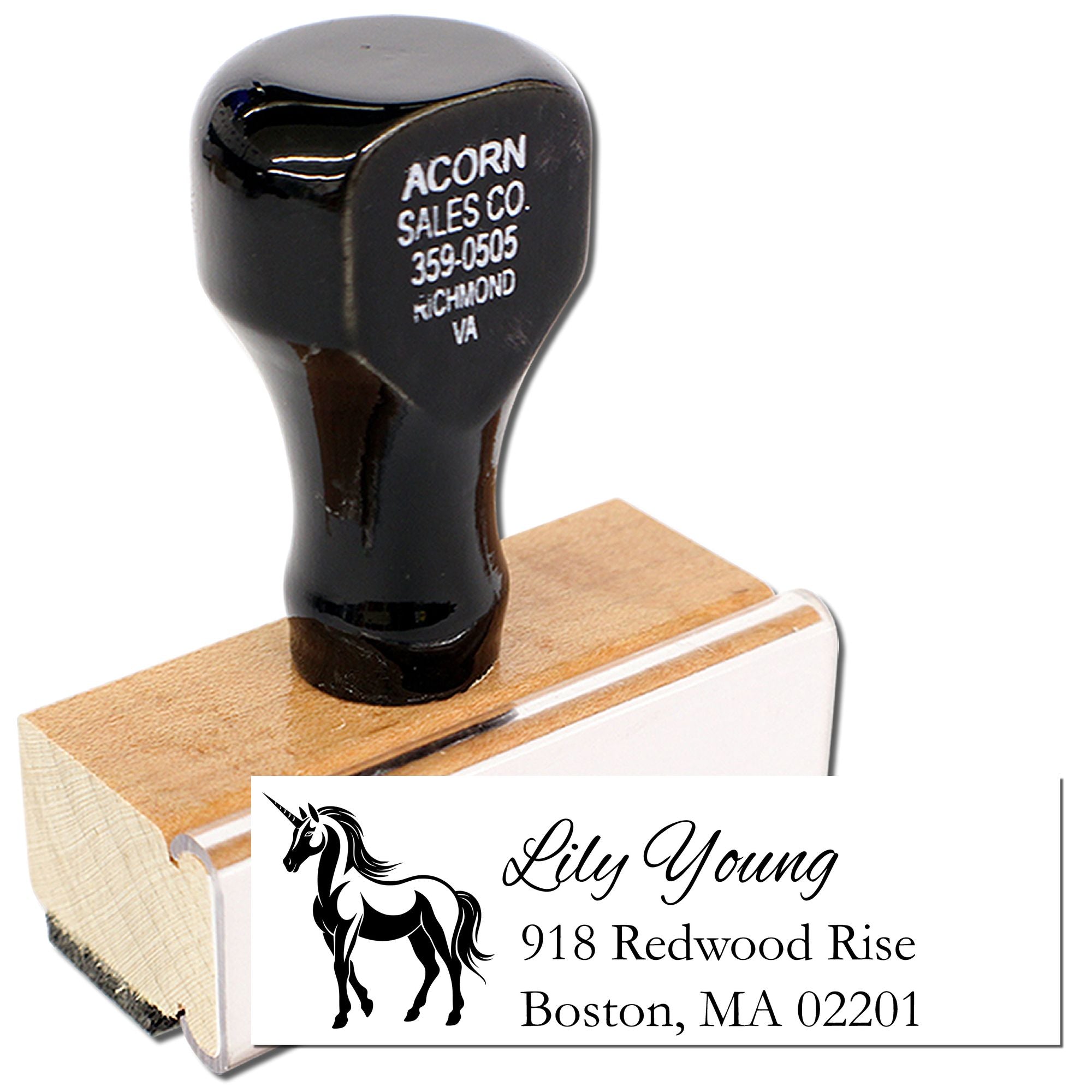 Custom wooden rubber address stamp with unicorn logo for Lily Young, Boston, MA