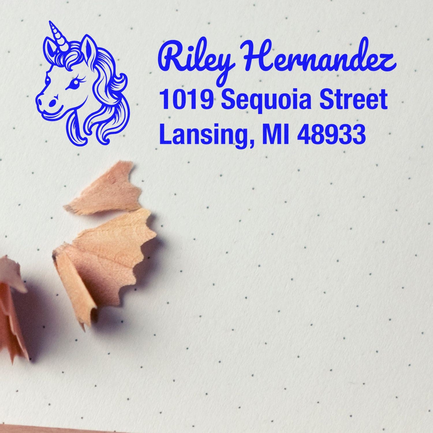 Custom unicorn return address rubber stamp for Riley Hernandez, 1019 Sequoia Street, Lansing, MI 48933