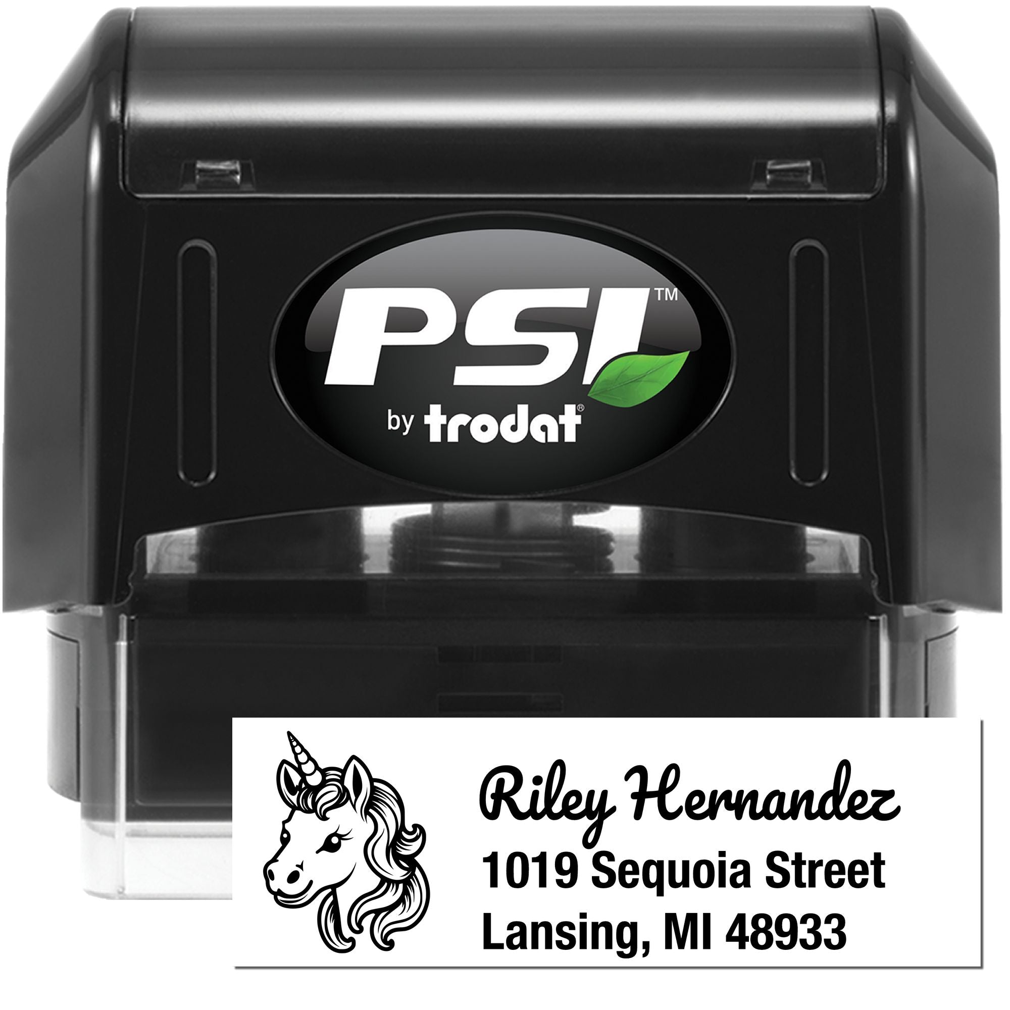 PSI by Trodat self-inking custom address rubber stamp with unicorn return address for personalized mailings.