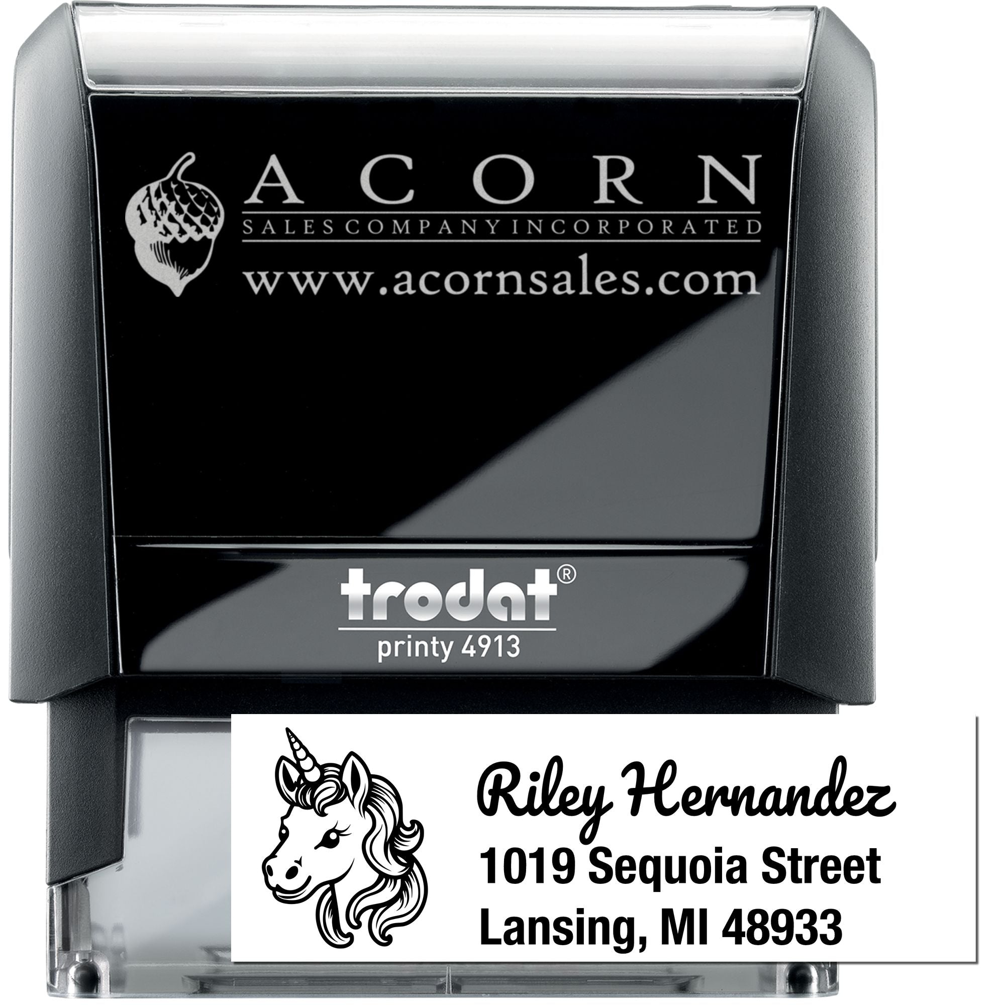 Custom self-inking rubber stamp showing business logo and address imprint examples for branding and mailing.