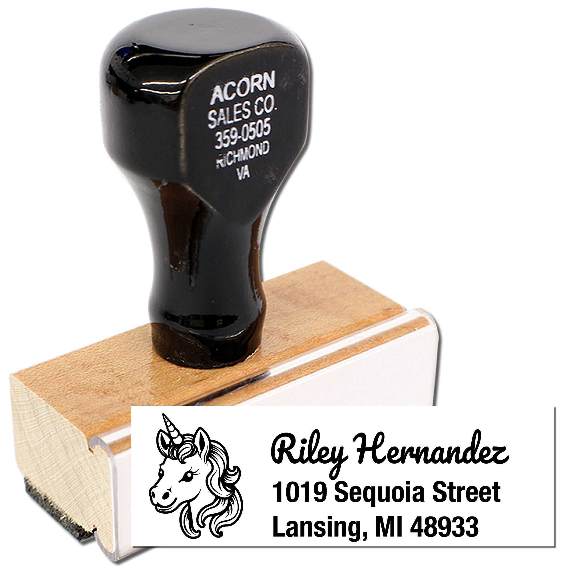 Custom unicorn address rubber stamp with name and Lansing, MI address for personalized mailing and branding