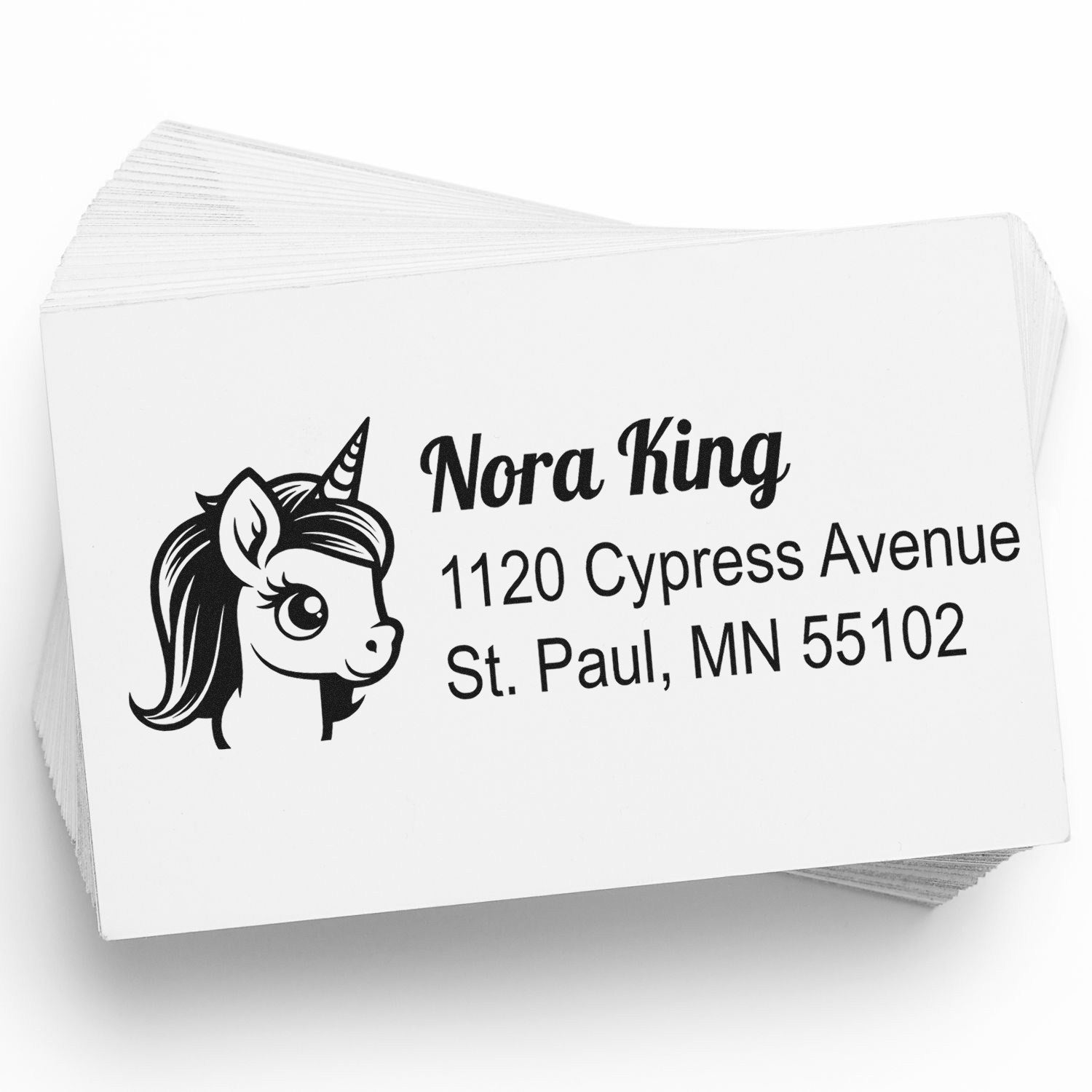 Custom unicorn return address rubber stamp design with Nora King, 1120 Cypress Avenue, St. Paul, MN 55102.