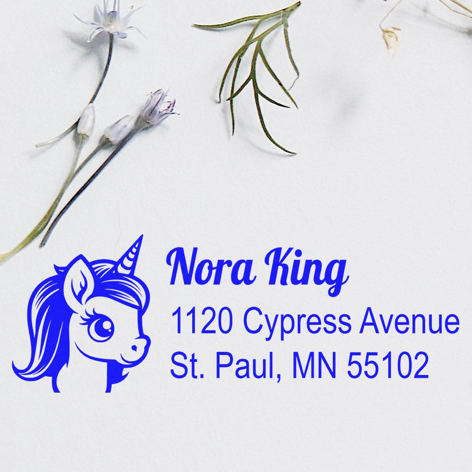 Custom unicorn address stamp for Nora King, 1120 Cypress Avenue, St. Paul, MN 55102