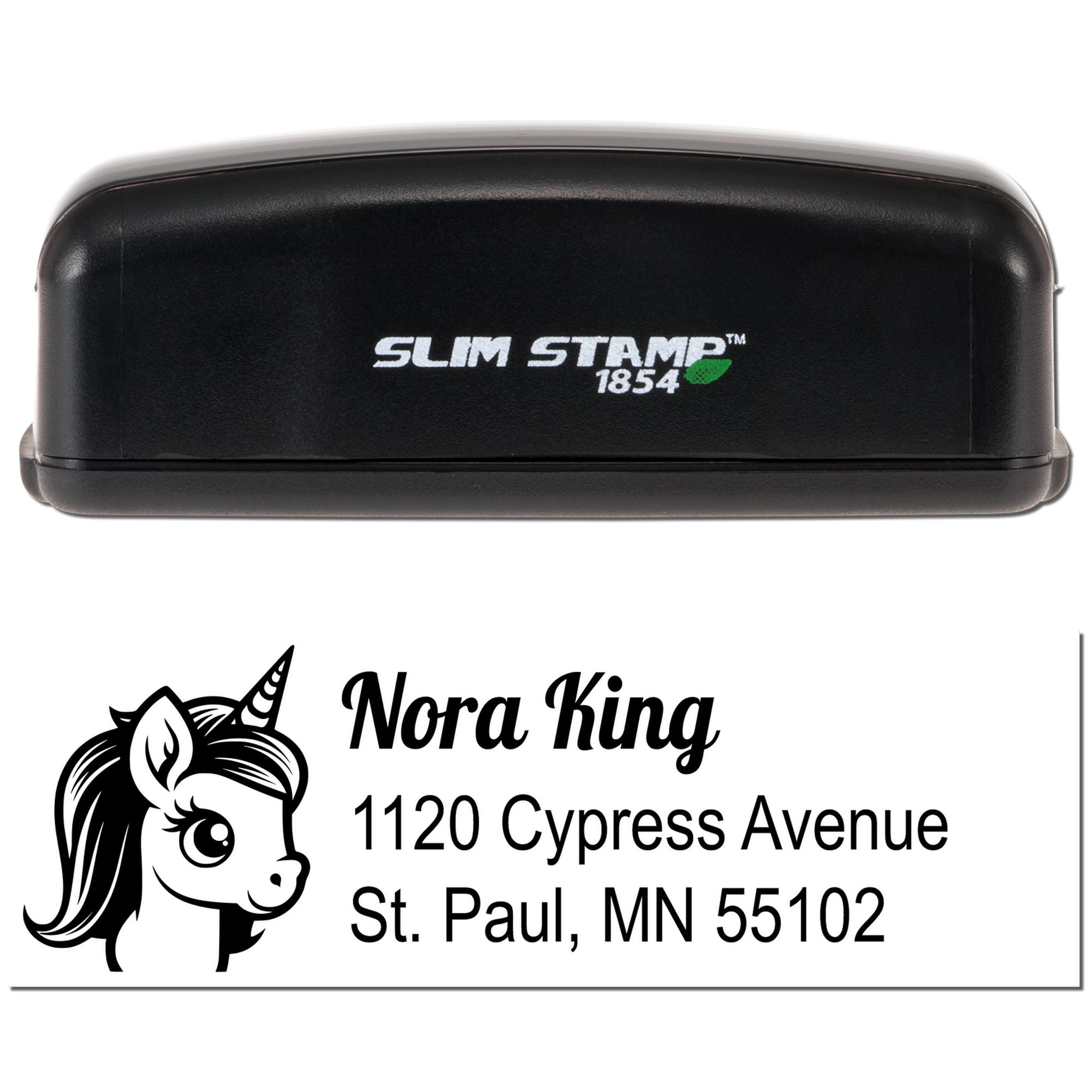 Custom address rubber stamp with unicorn logo for Nora King, St. Paul, MN, shown with Slim Stamp 1854 case.