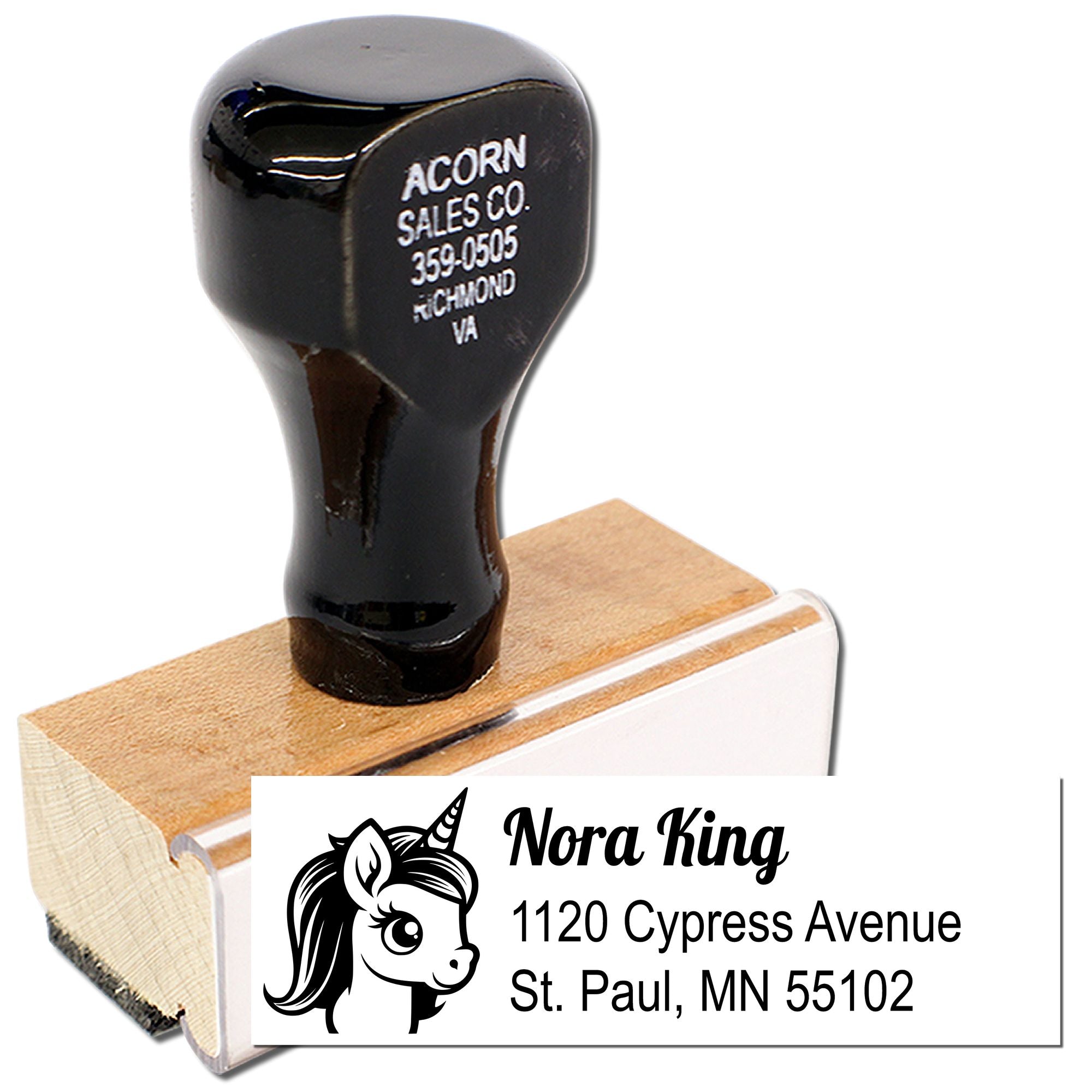 Personalized unicorn return address rubber stamp with name and St. Paul, MN mailing details for custom stationery.