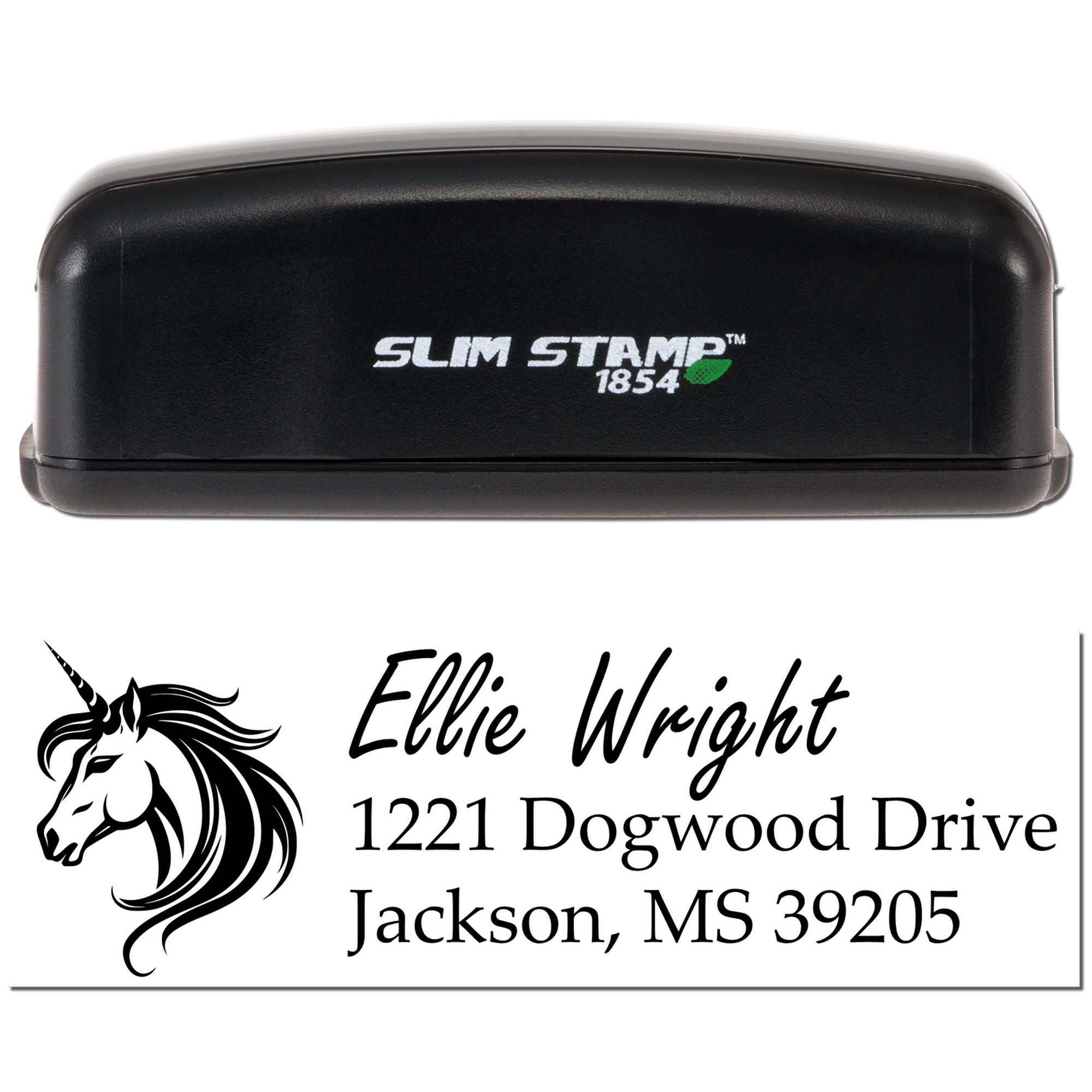 Slim Stamp 1854 custom address rubber stamp with unicorn logo and Ellie Wright return address imprint.