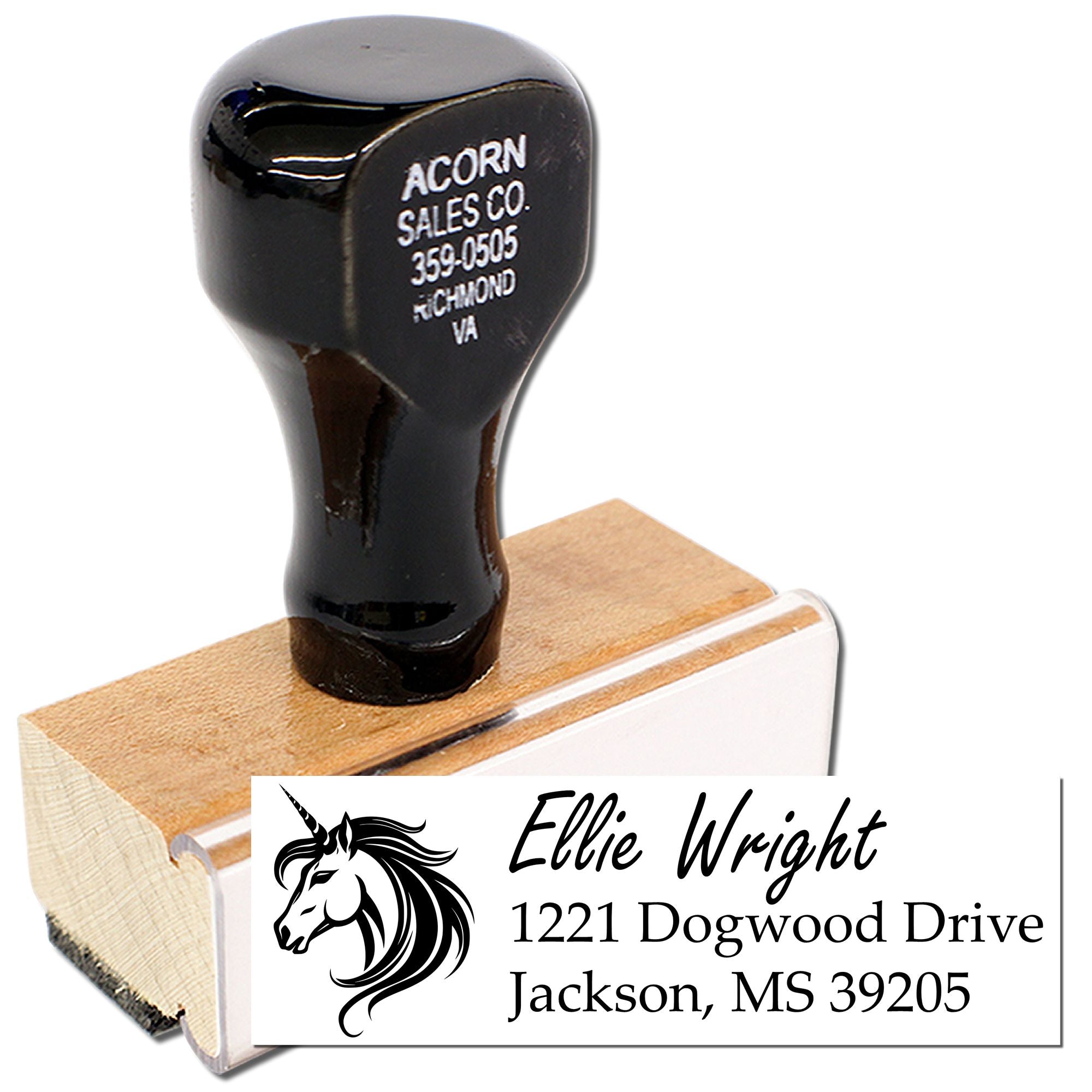 Custom rubber stamp for return address labels with unicorn logo, business name, and address.