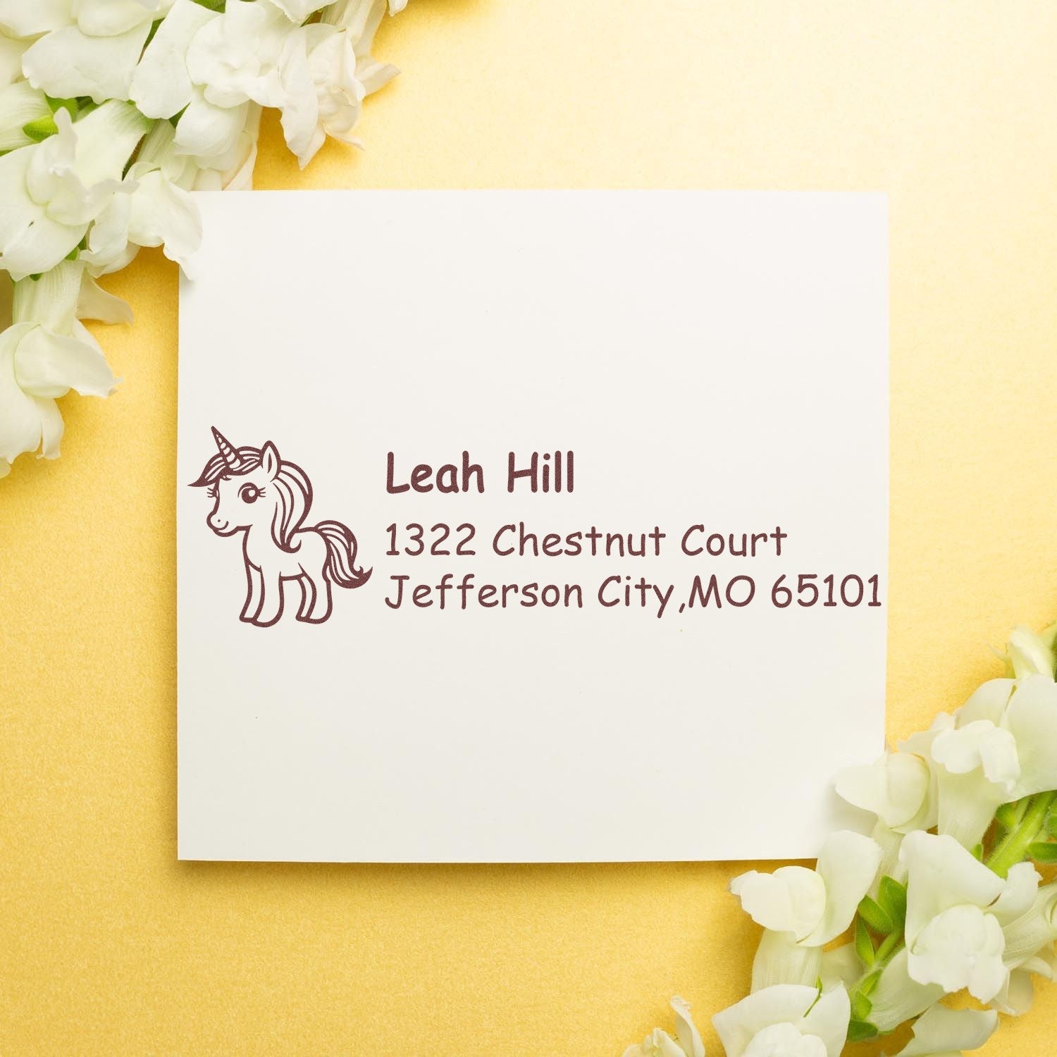 Custom unicorn return address rubber stamp with name and address for personalized stationery and envelopes