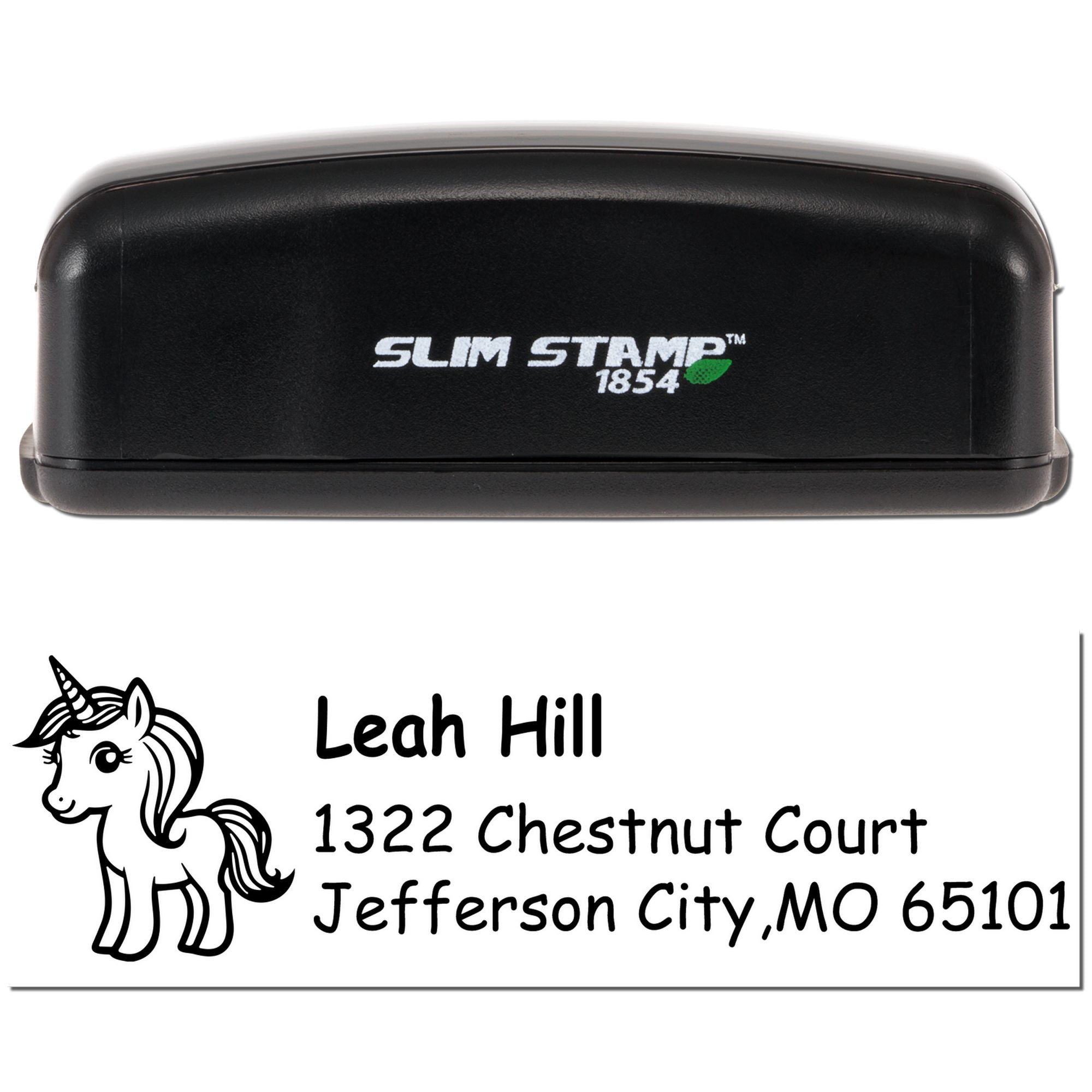 Custom unicorn address rubber stamp with self-inking Slim Stamp case, featuring Leah Hill, 1322 Chestnut Court, Jefferson City, MO 65101.