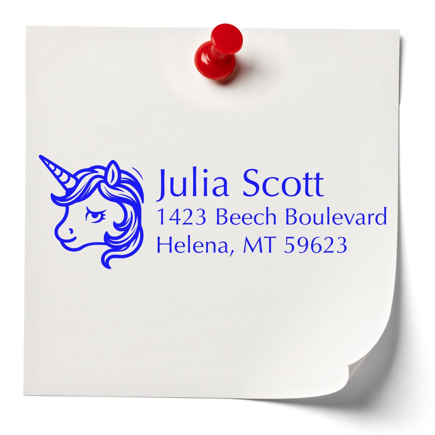 Personalized unicorn address rubber stamp with name and mailing address for custom return envelopes and stationery.