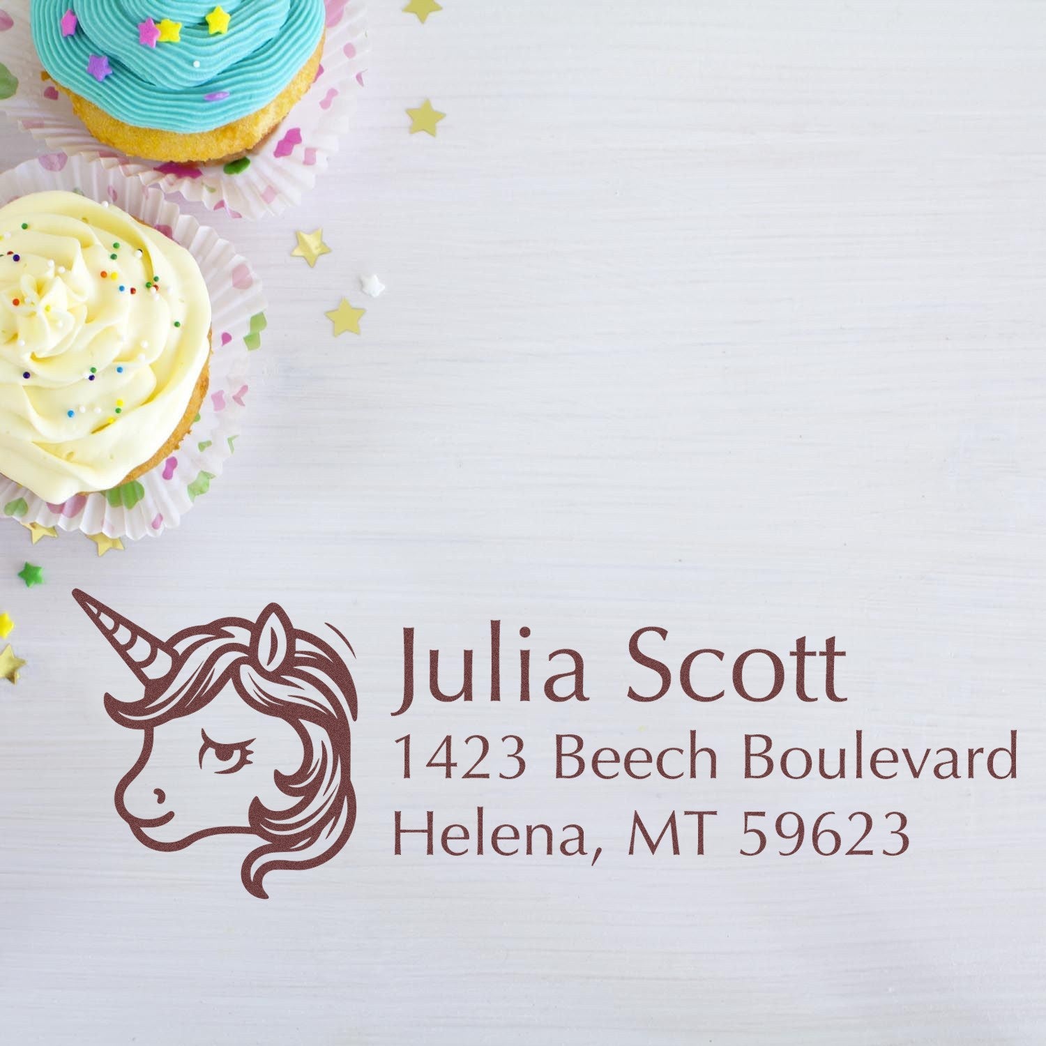 Custom unicorn return address rubber stamp with personalized name and Helena, MT address.