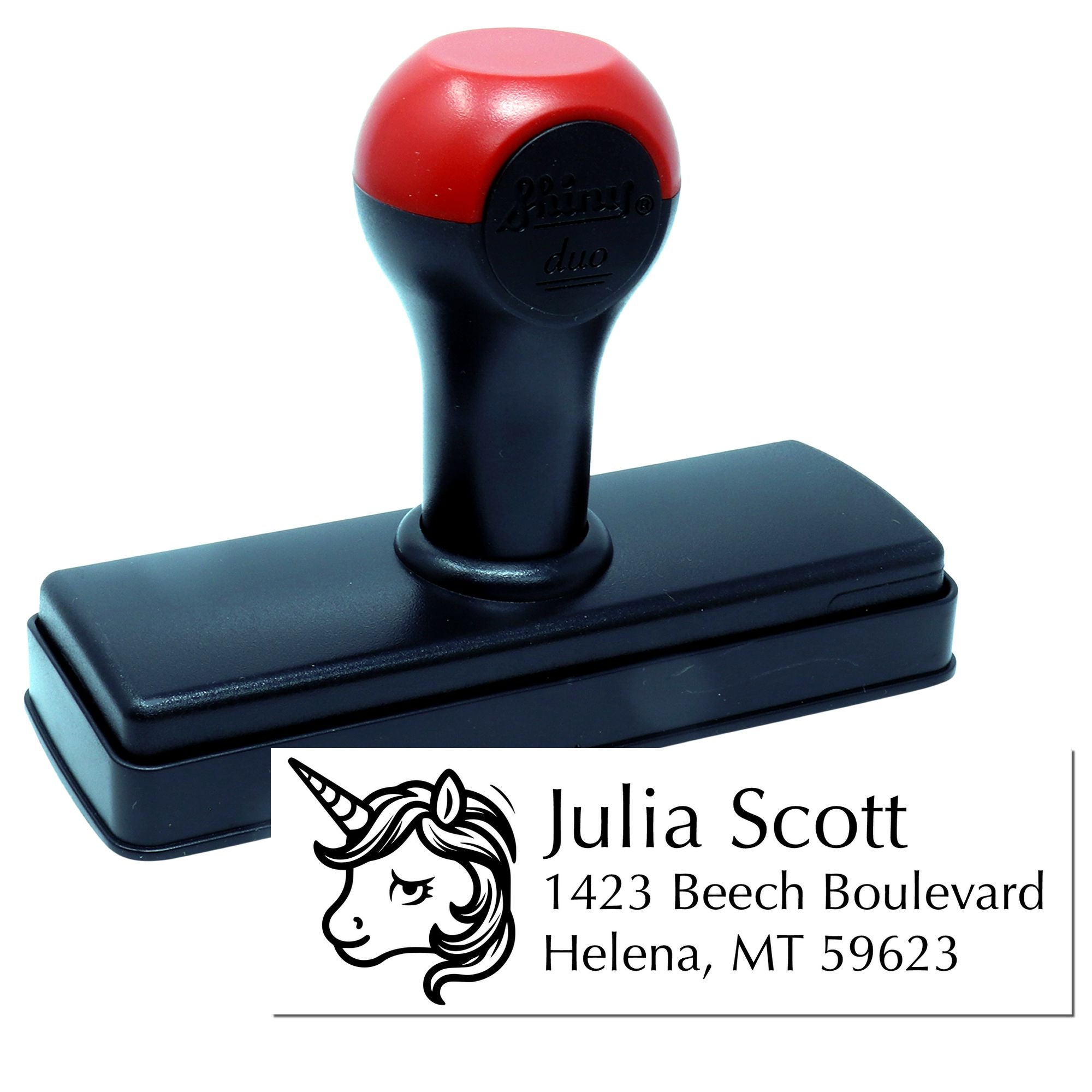 Custom unicorn return address rubber stamp with name and mailing address for personalized envelopes.