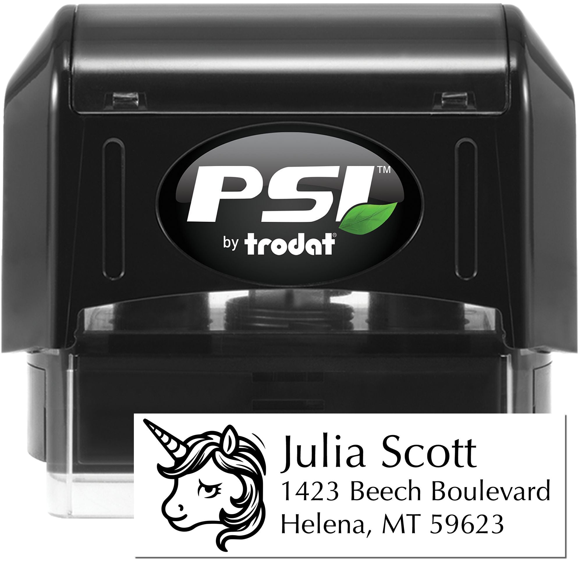 Self-inking PSI by Trodat custom address rubber stamp with unicorn design for personalized mail and return labels