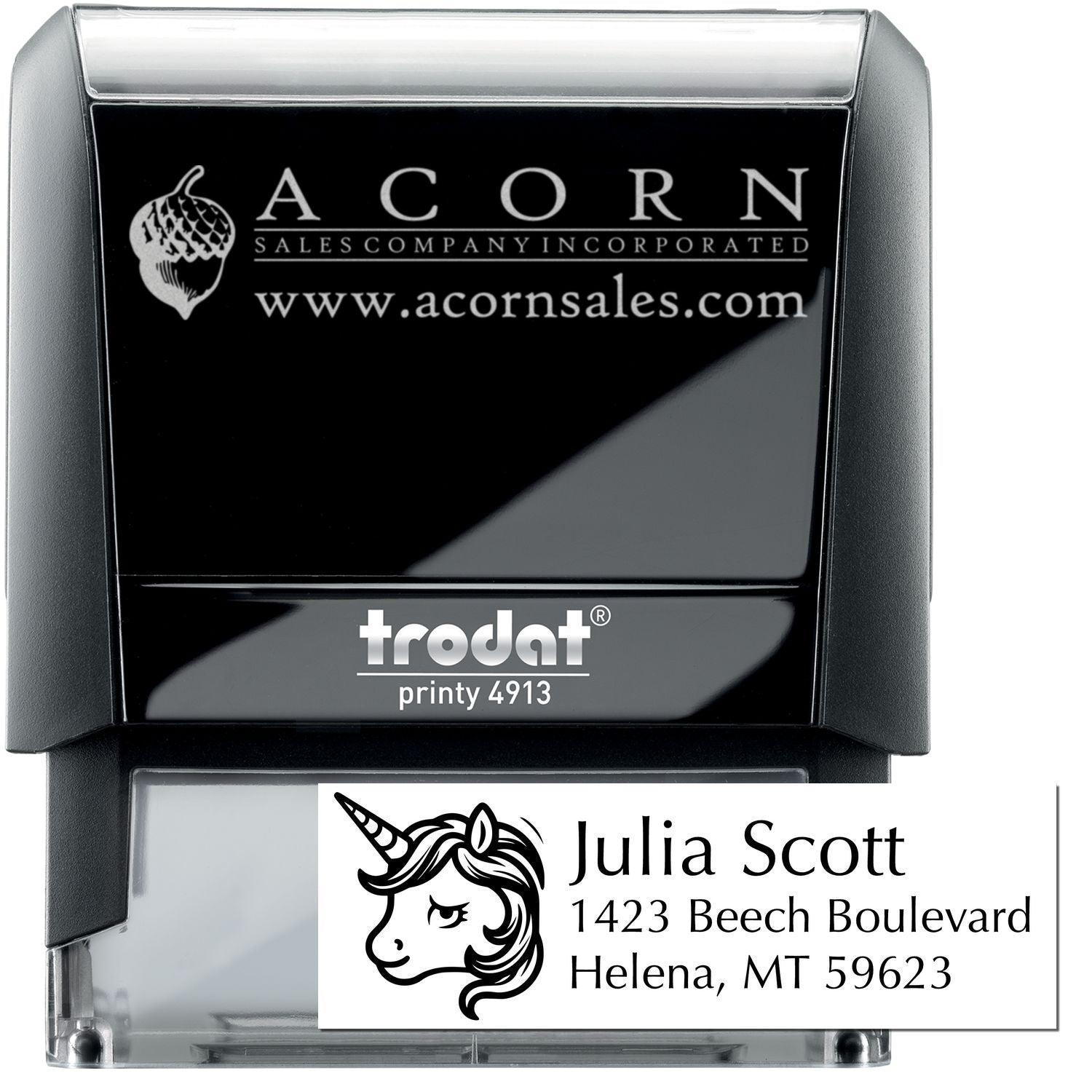 Self-inking custom rubber stamp with business logo and address imprint sample for branding and return addresses.