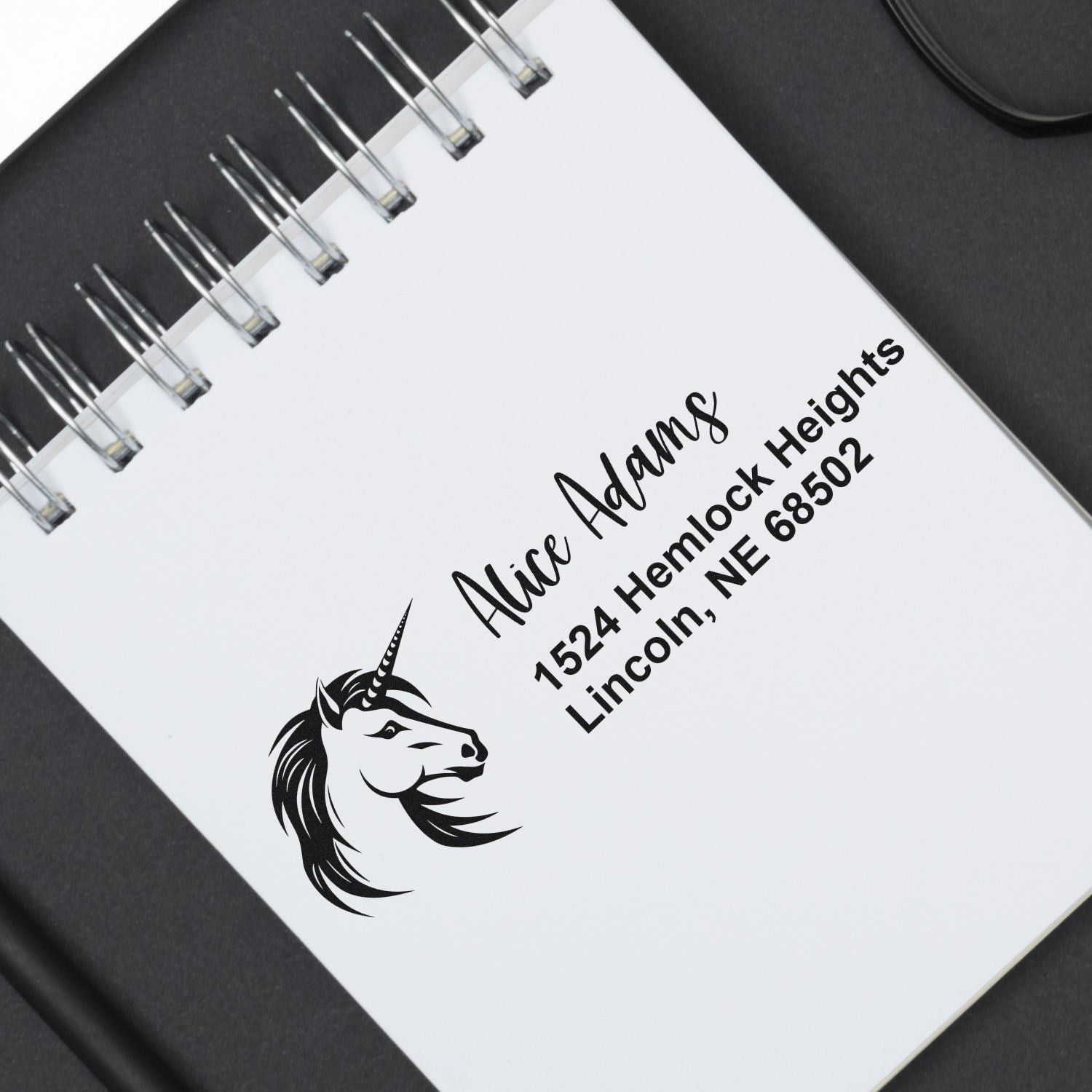 Custom unicorn return address rubber stamp design for Alice Adams, Lincoln, NE