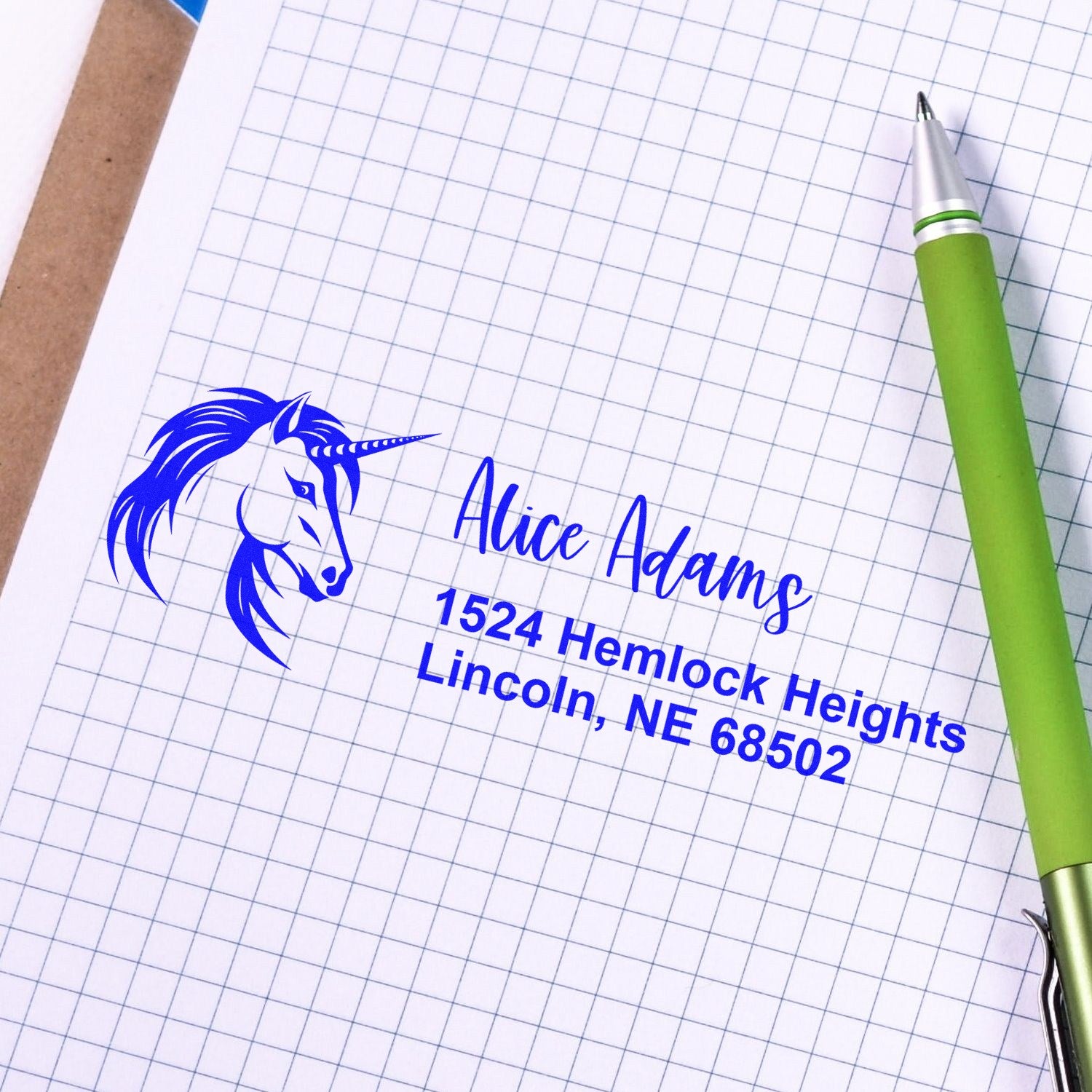 Custom unicorn return address rubber stamp design for Alice Adams, Lincoln, NE 68502