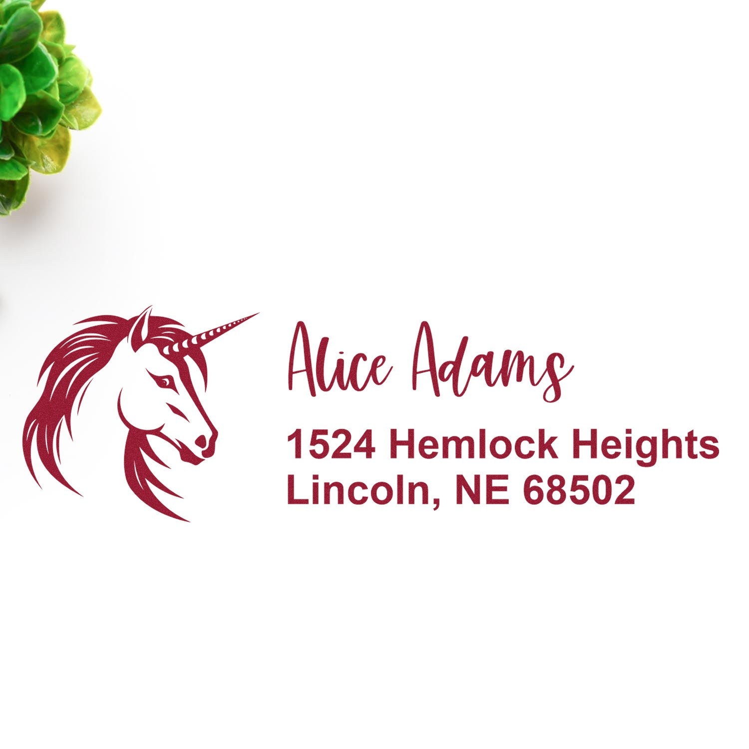 Personalized unicorn return address rubber stamp with Alice Adams and Lincoln, NE 68502.