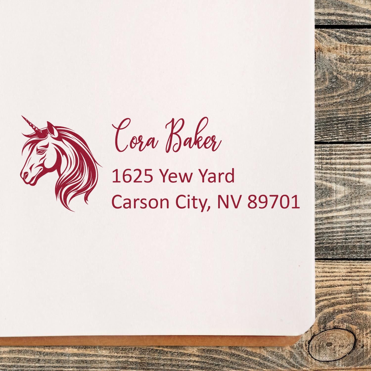 Personalized unicorn return address rubber stamp for Cora Baker, Carson City, NV 89701