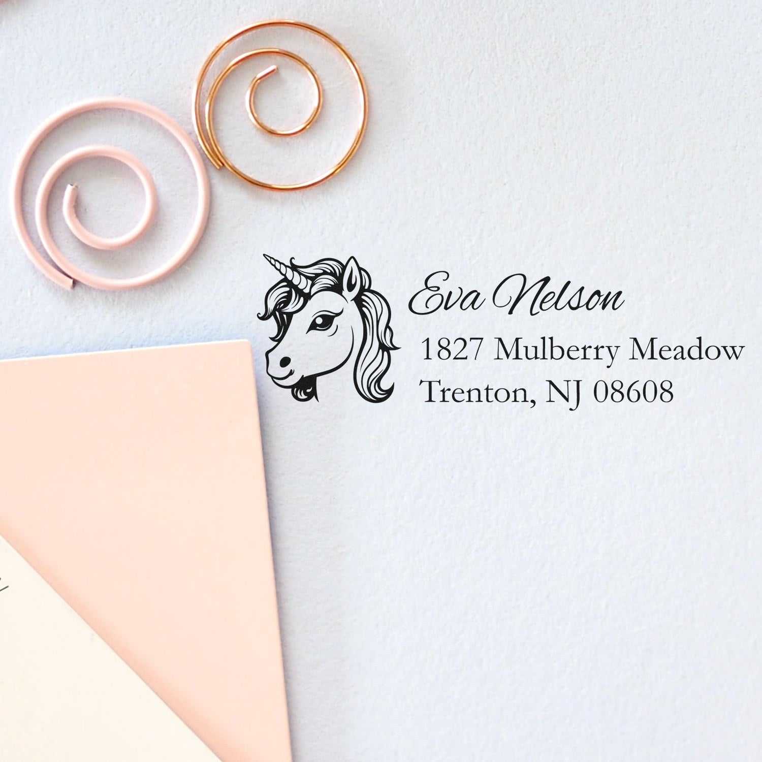 Custom unicorn return address rubber stamp with name and address for stationery, invitations, and packaging.
