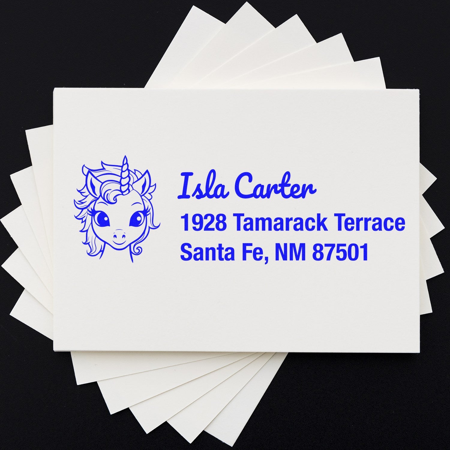 Custom unicorn address rubber stamp with blue ink name and Santa Fe, NM mailing address.