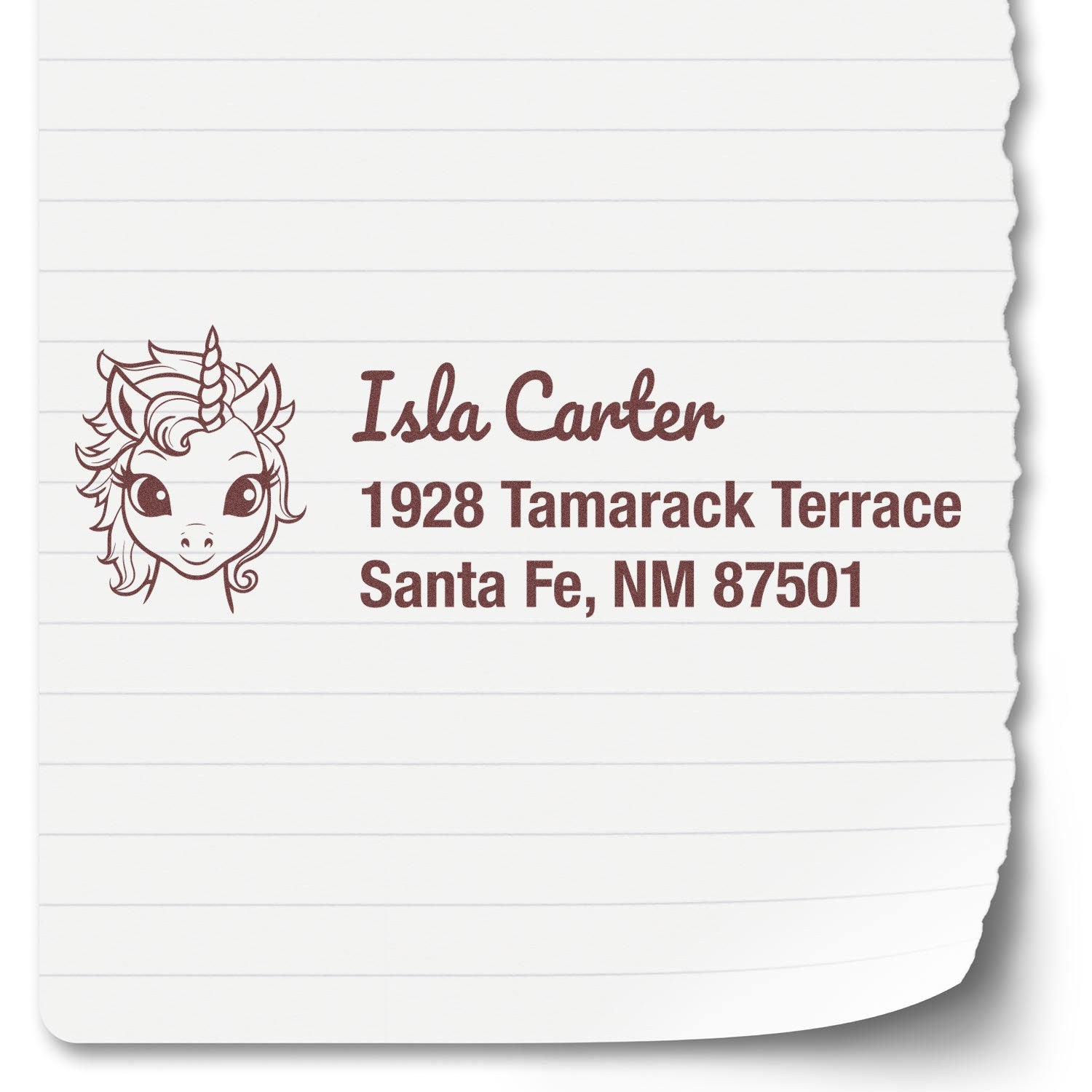 Custom unicorn address rubber stamp for Isla Carter, 1928 Tamarack Terrace, Santa Fe, NM 87501