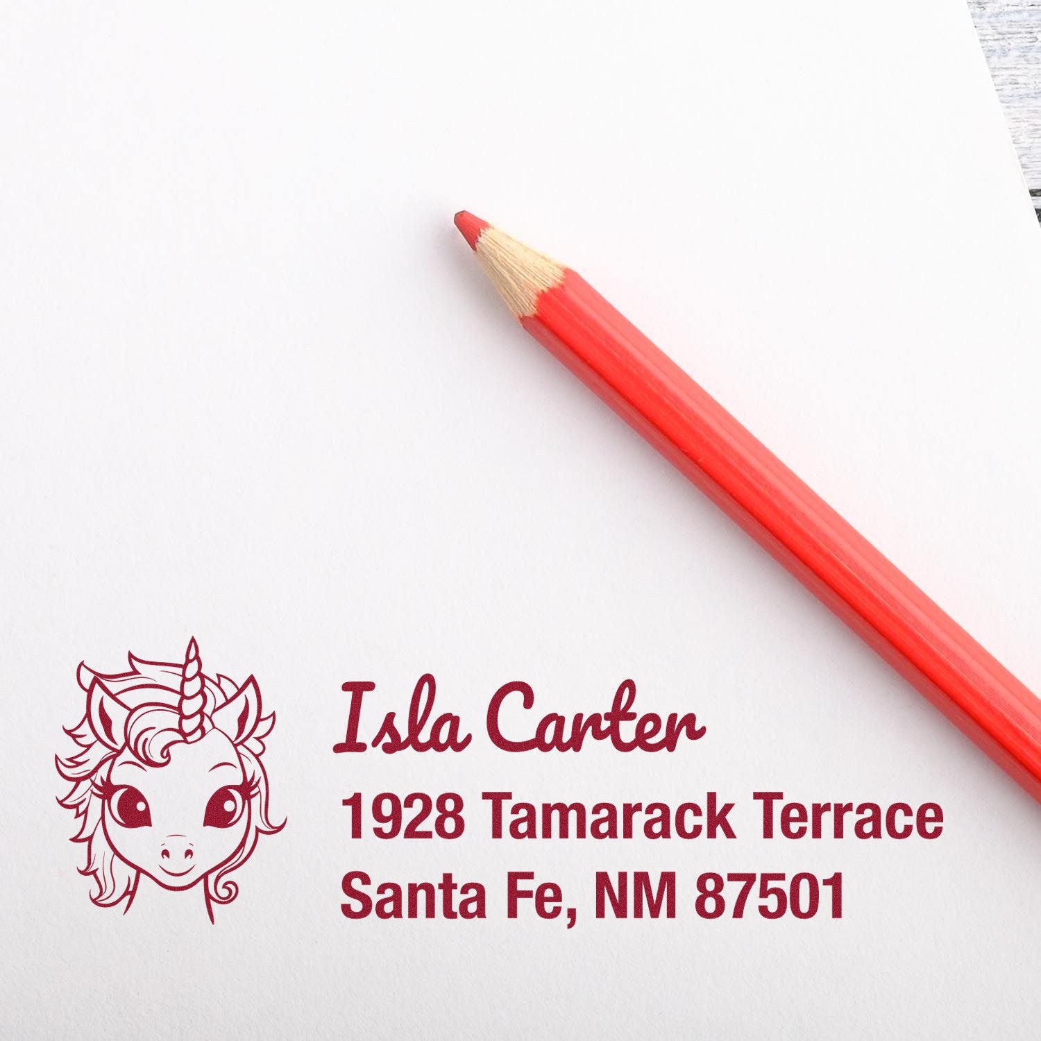 Custom unicorn address rubber stamp for Isla Carter, 1928 Tamarack Terrace, Santa Fe, NM 87501