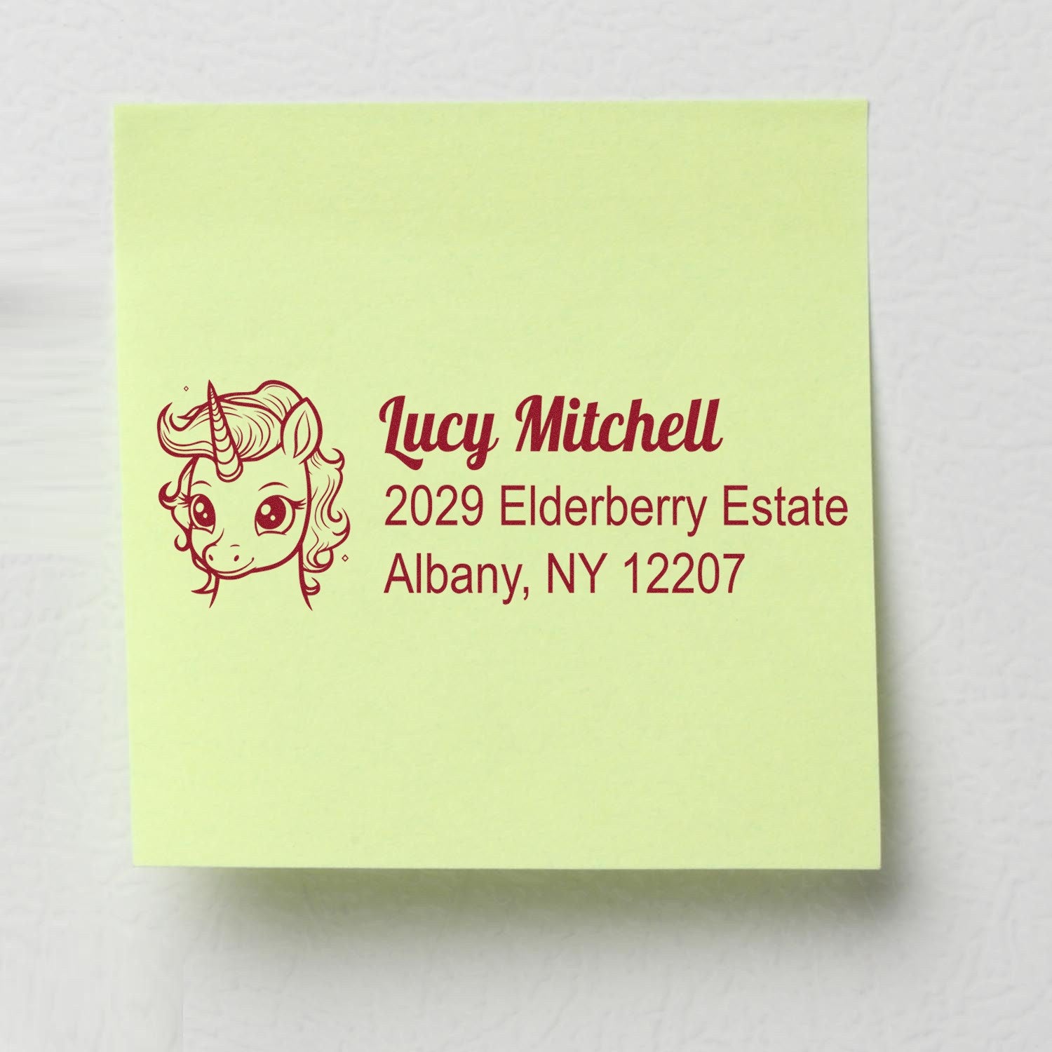 Personalized unicorn return address rubber stamp with name, street, and Albany, NY address for mailing labels