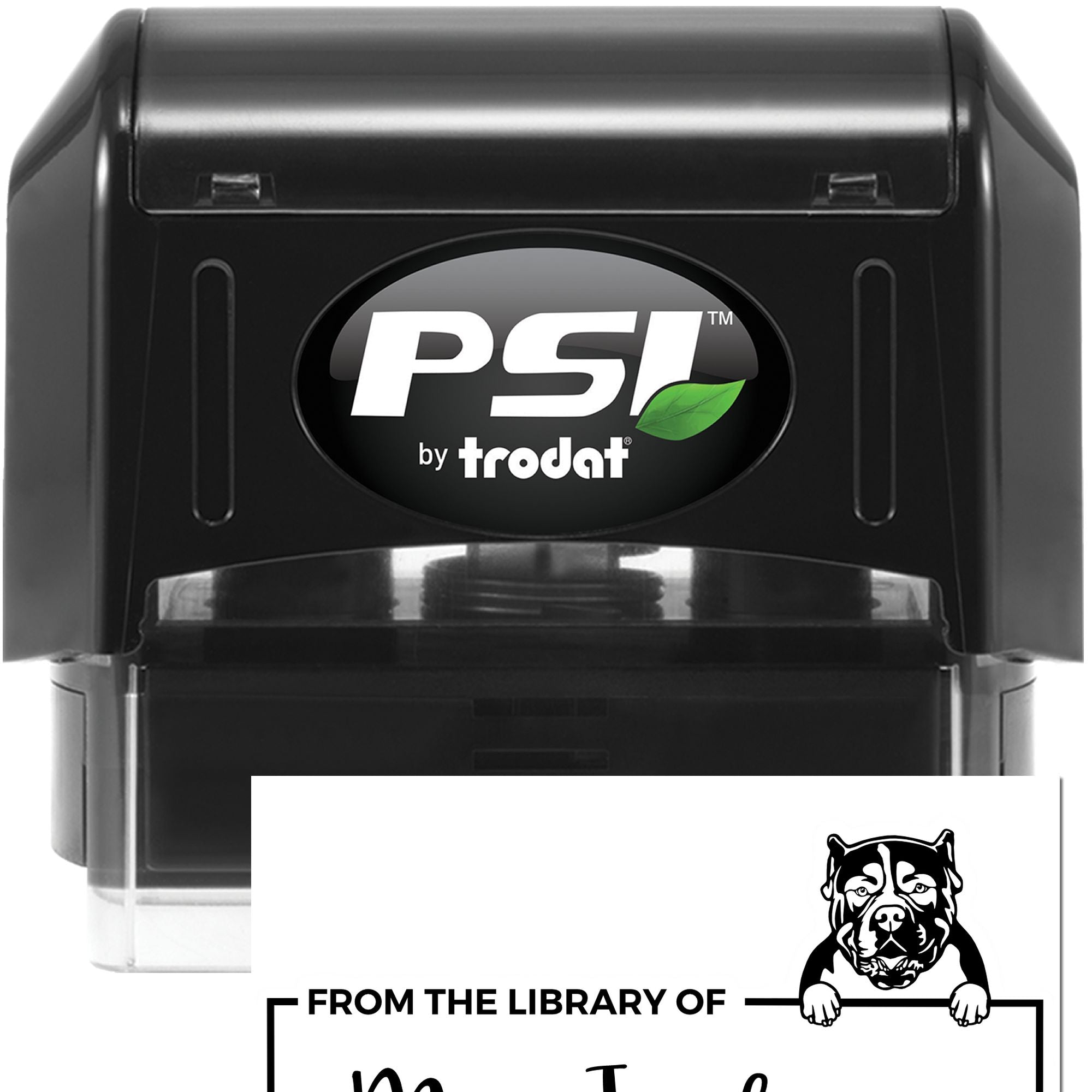 PSI by Trodat self-inking rubber stamp with custom From the Library of dog design for personal books and library marking.