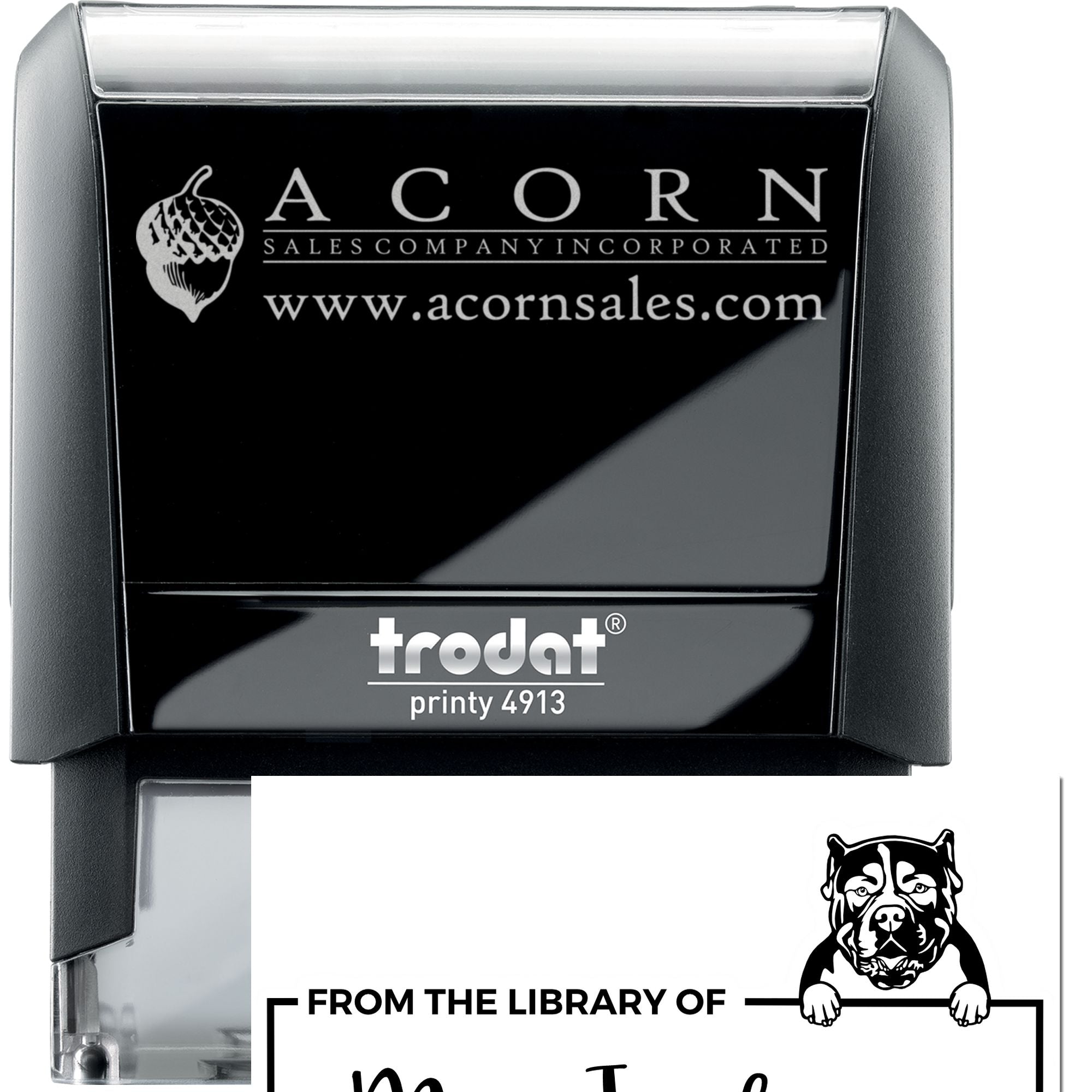 Custom Trodat Printy 4913 self-inking rubber stamp with ACORN Sales Company logo and website for business branding and marketing.