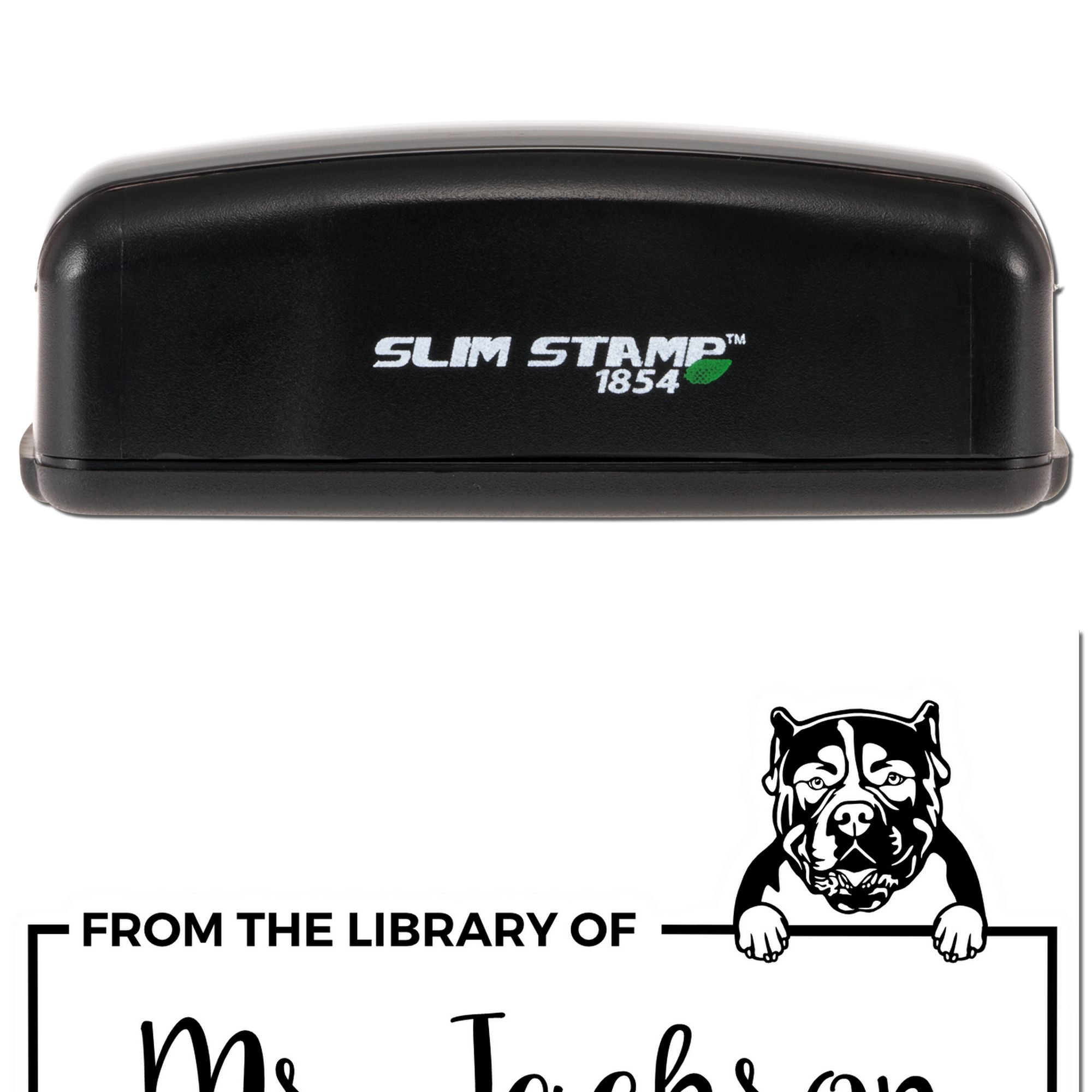 Slim Stamp 1854 personalized library rubber stamp with dog icon and From the Library Of book plate design