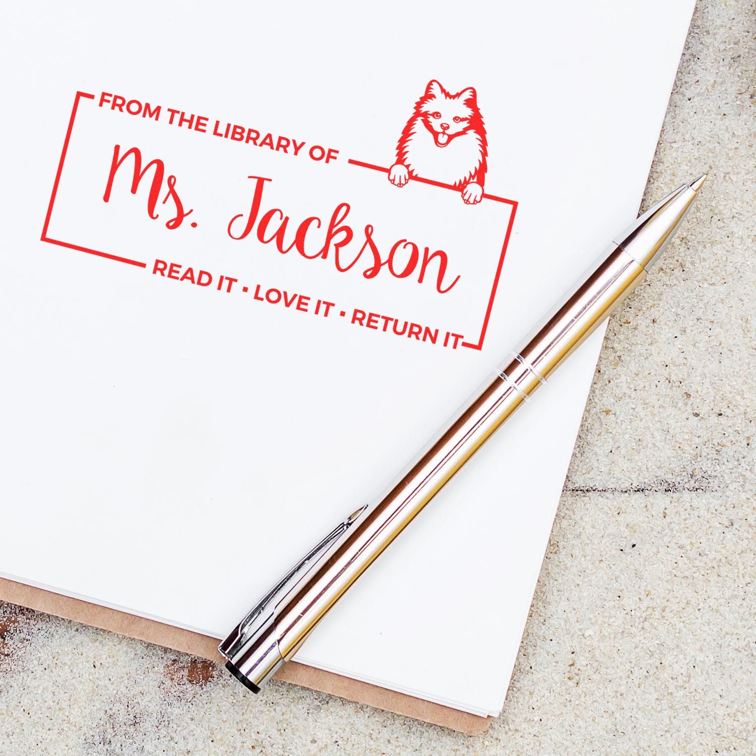 Custom personalized library rubber stamp for Ms. Jackson with fox design and Read it, love it, return it message.