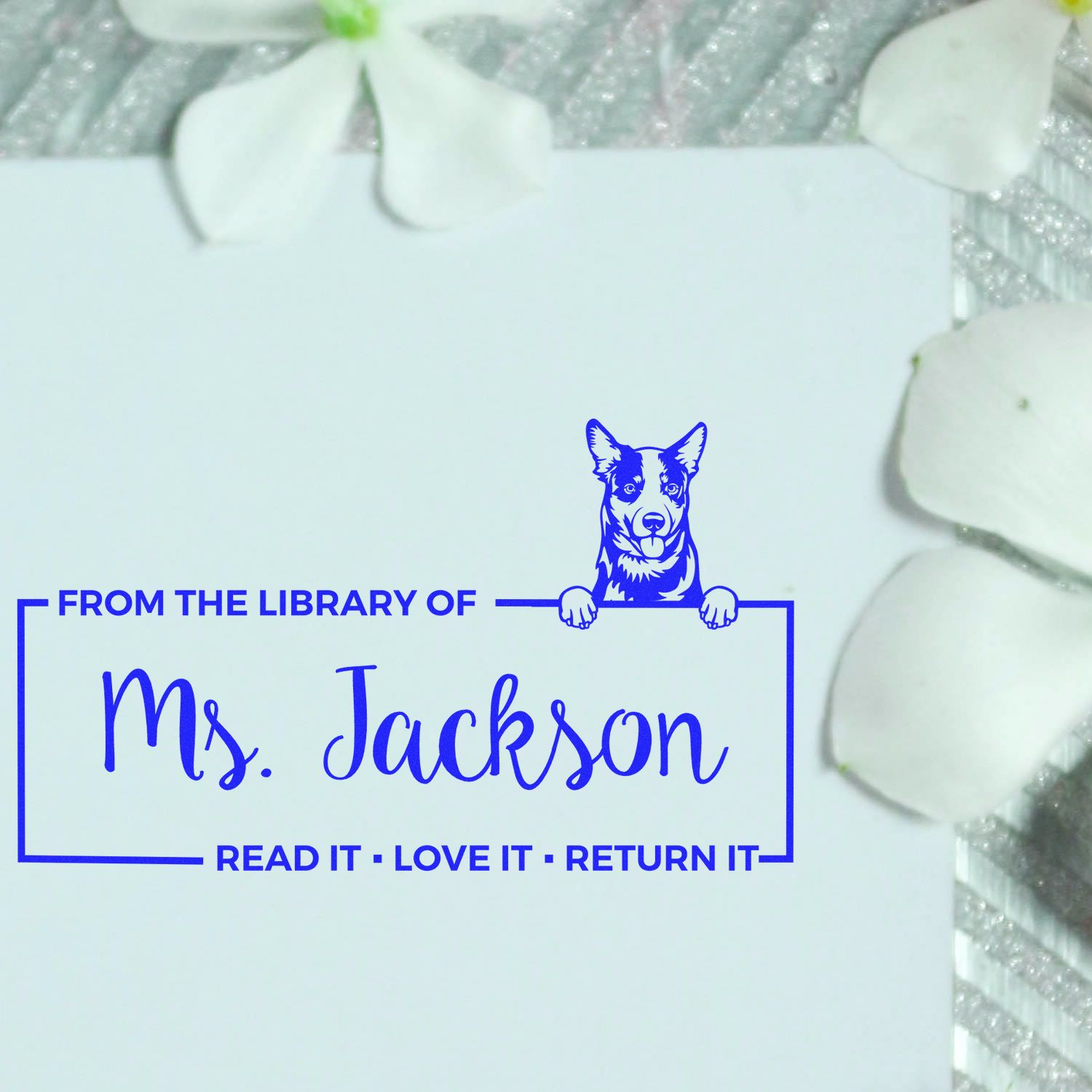 Custom library rubber stamp with dog design, From the Library of Ms. Jackson and Read It, Love It, Return It book label.