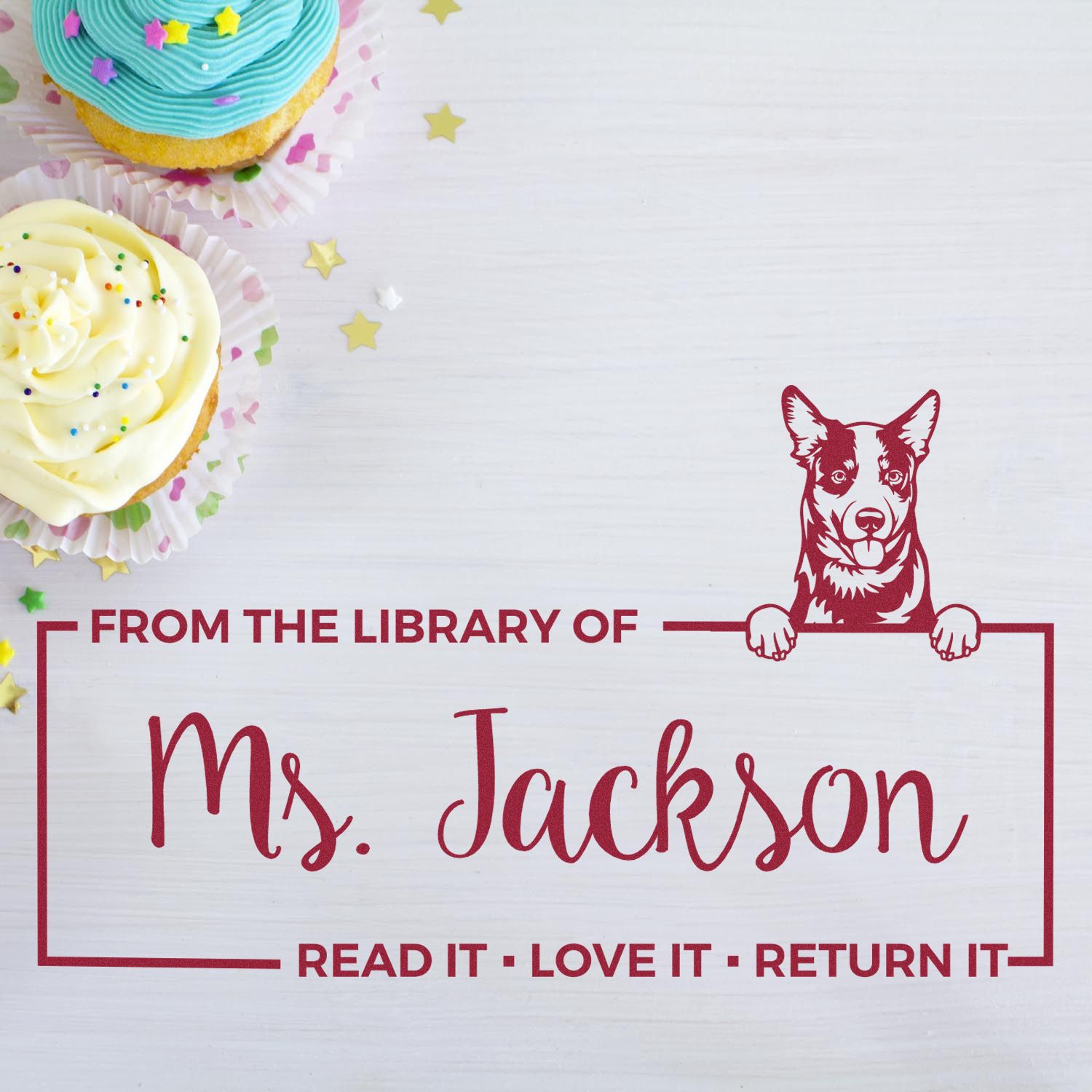 Custom book return rubber stamp for Ms. Jackson, featuring a dog motif and Read it, love it, return it library message.