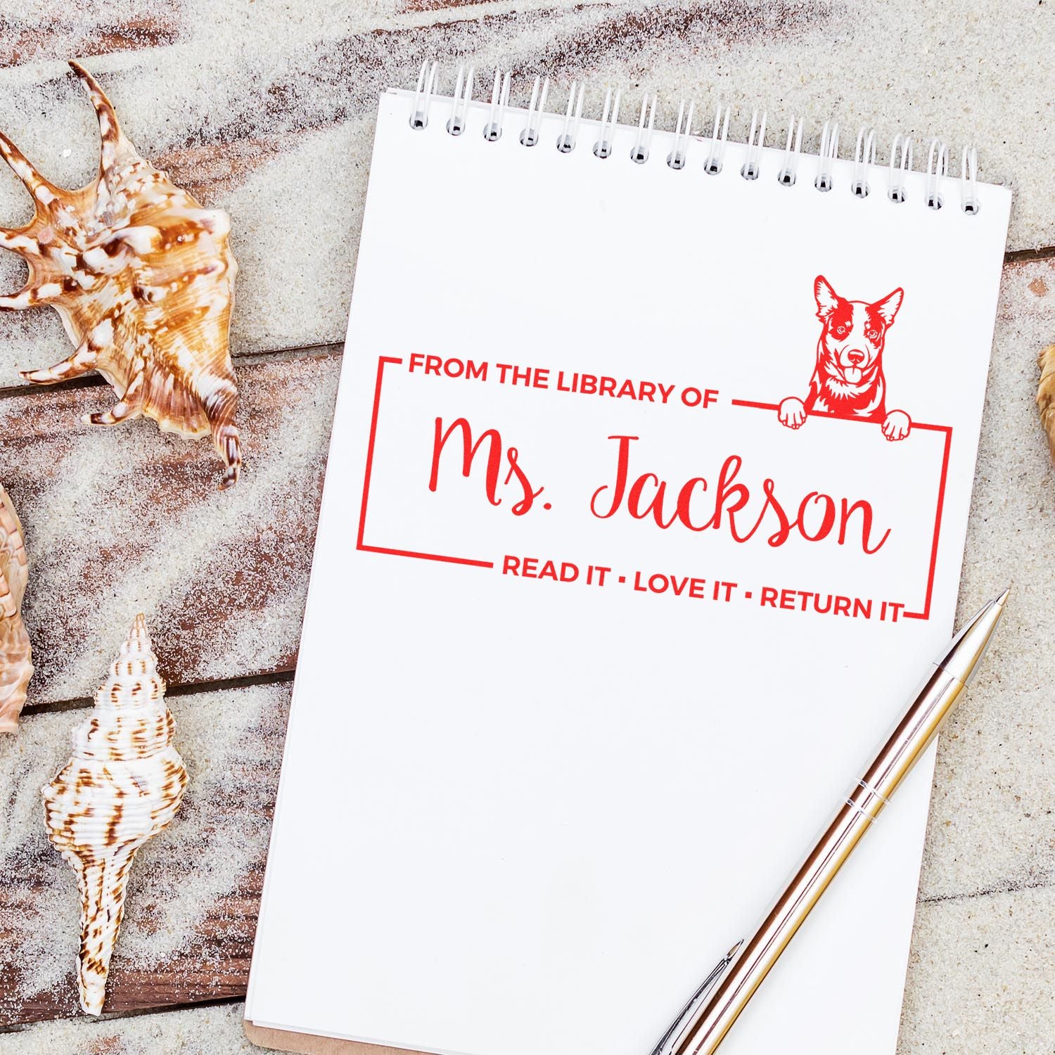Custom library rubber stamp for personal books, reading, loving, and returning, featuring Ms. Jackson and a dog design.