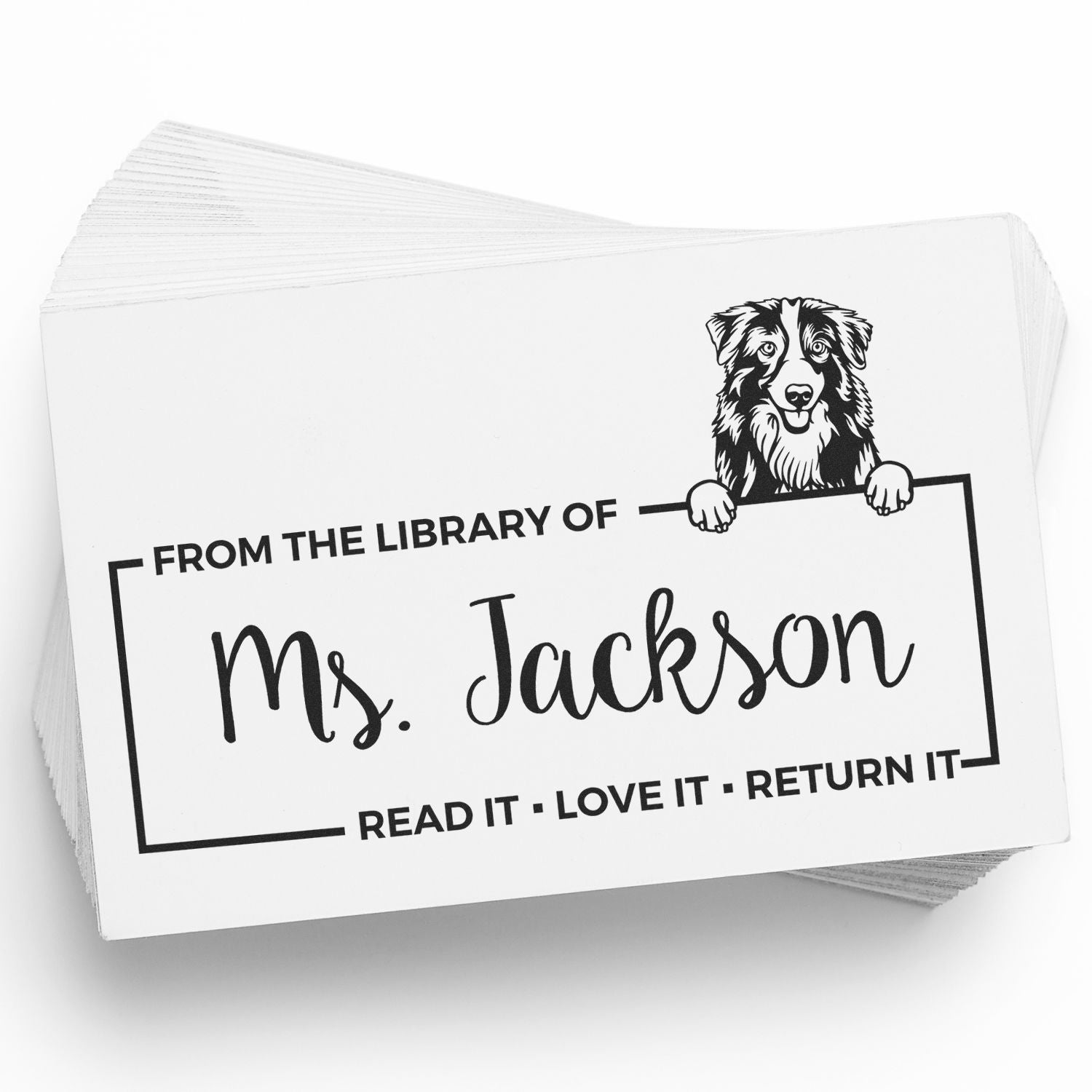 Personalized dog-themed library bookplate stamp for Ms. Jackson with Read it, Love it, Return it message.