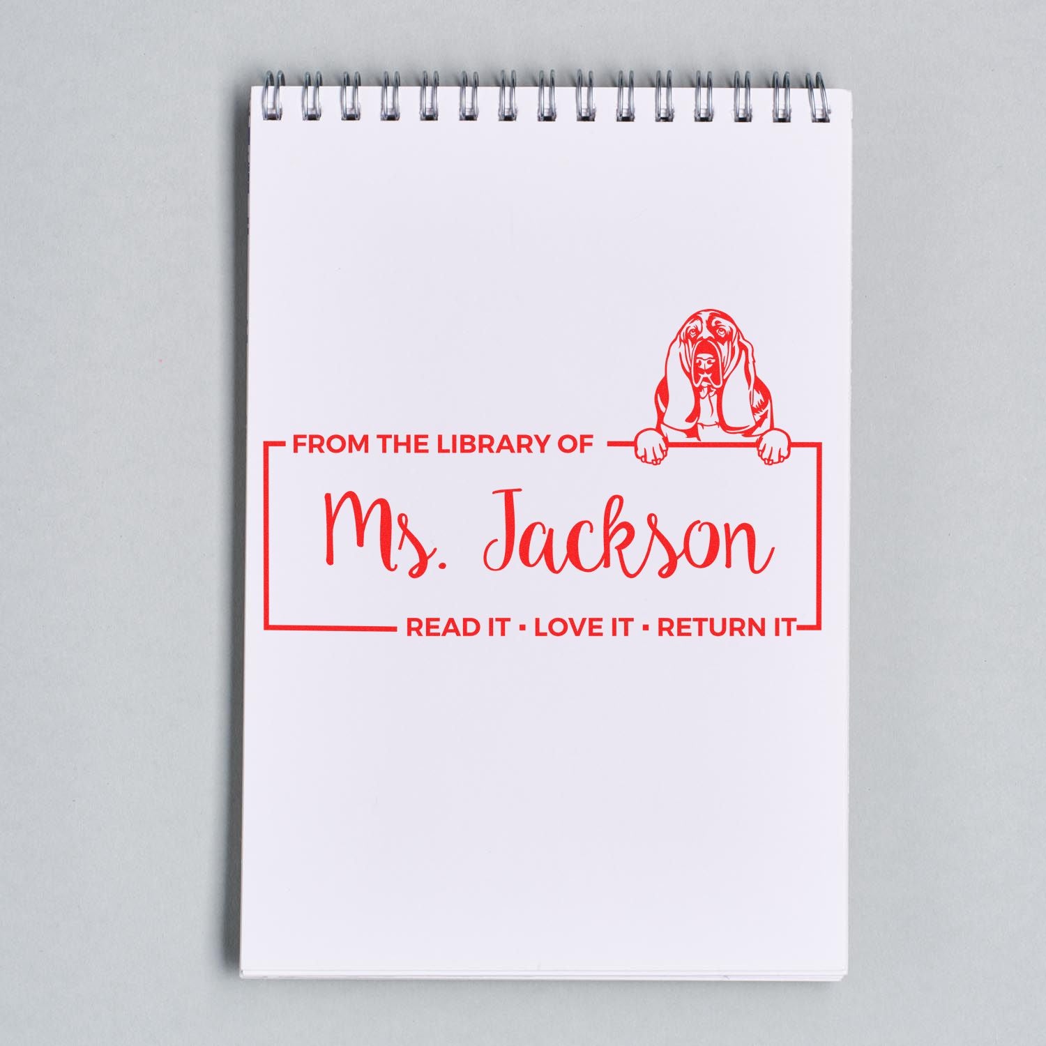 Custom From the Library of Ms. Jackson rubber stamp with basset hound design for personalizing books and library collections