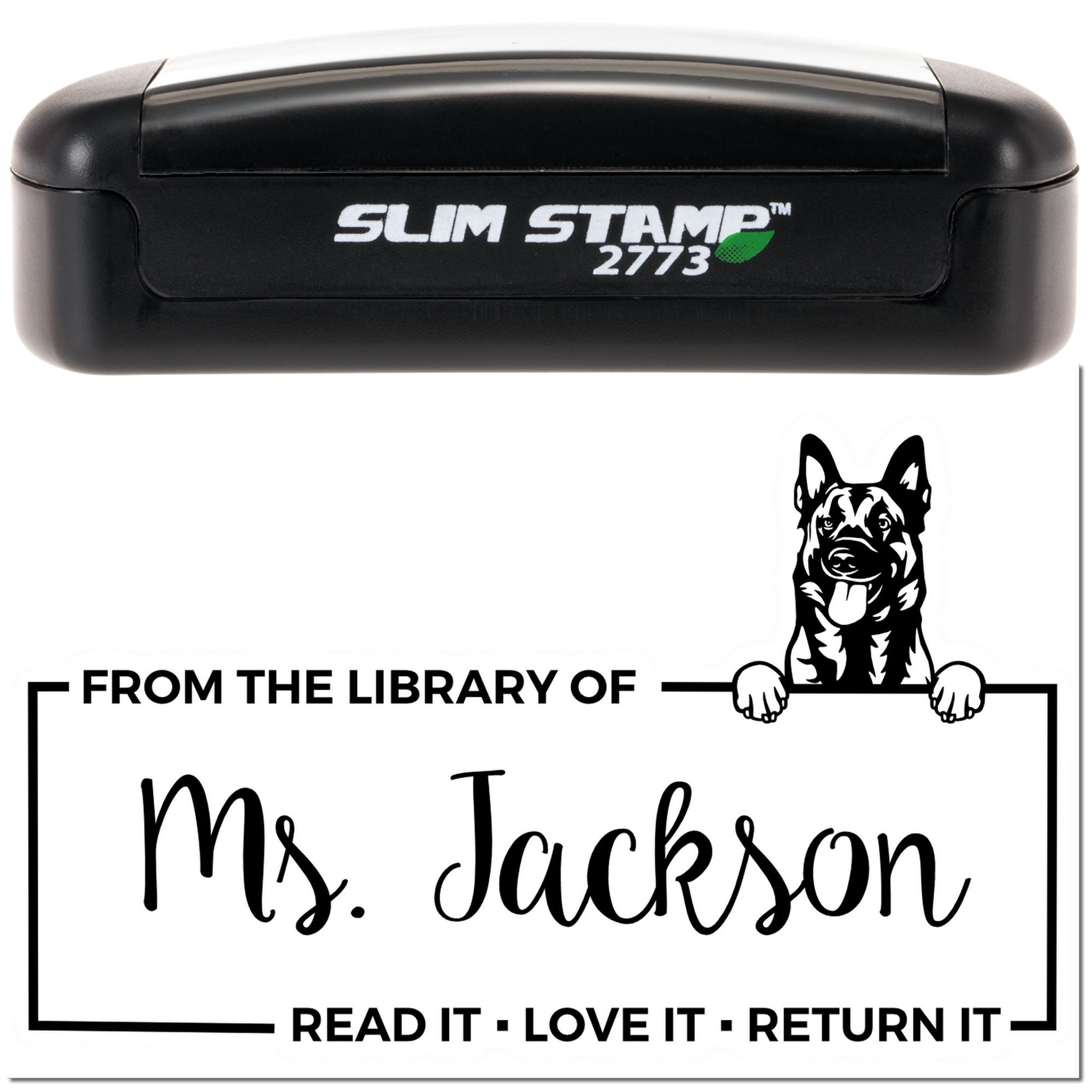 Slim Stamp 2773 custom self-inking library rubber stamp with dog design and From the Library of Ms. Jackson text, read it love it return it