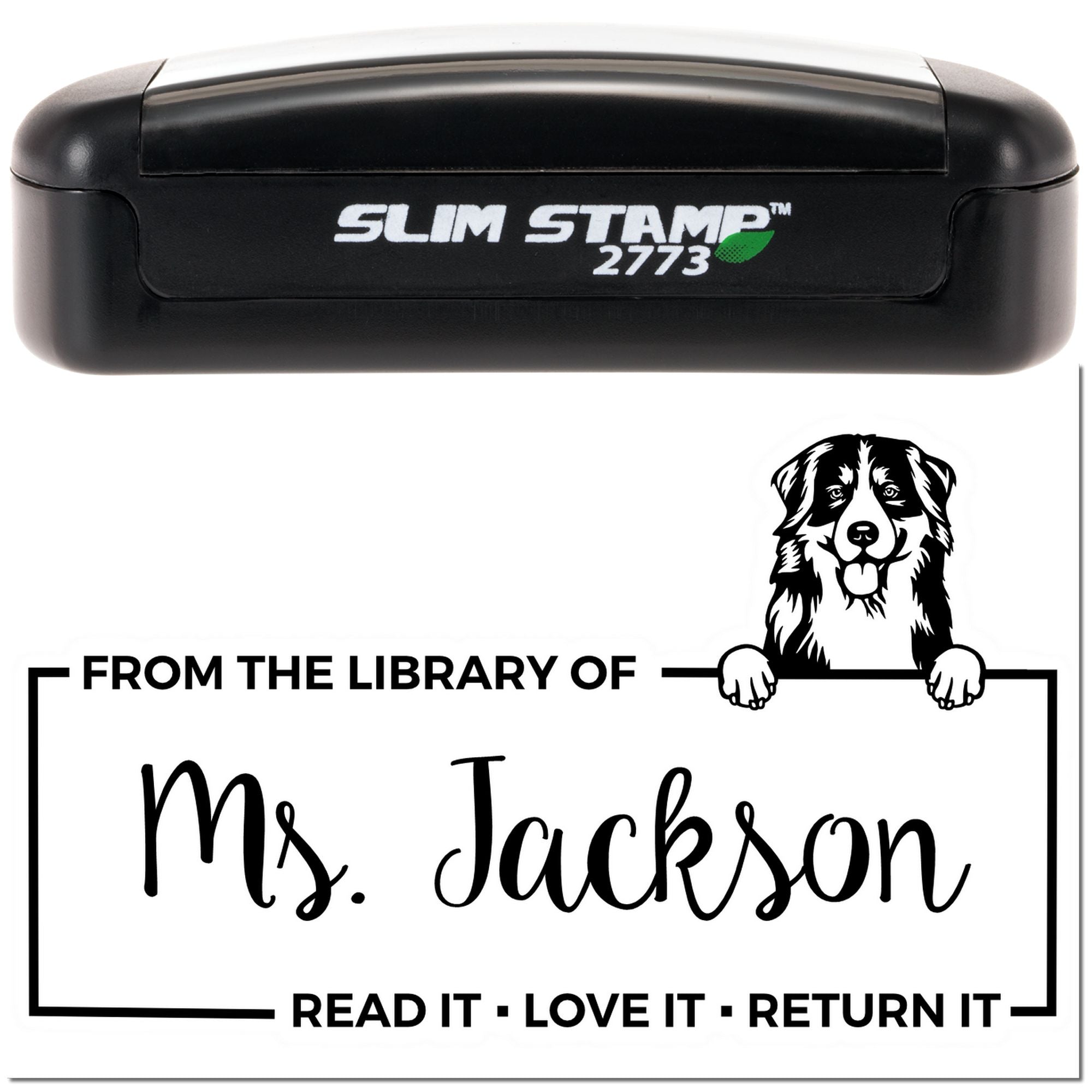 Custom library rubber stamp with dog design and personalized From the Library of Ms. Jackson return-it imprint.