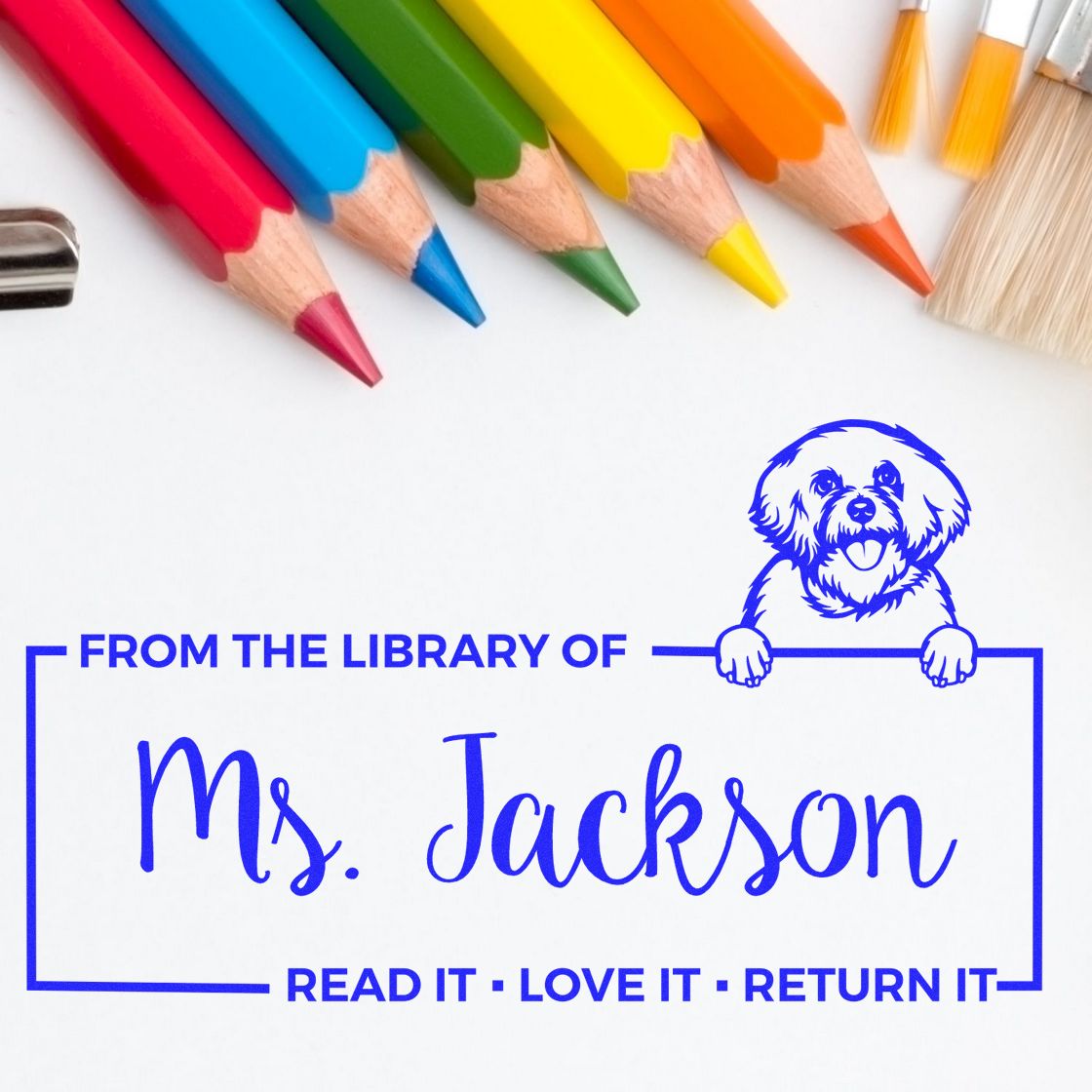 Personalized teacher library rubber stamp for Ms. Jackson with dog art and read it, love it, return it book return message.