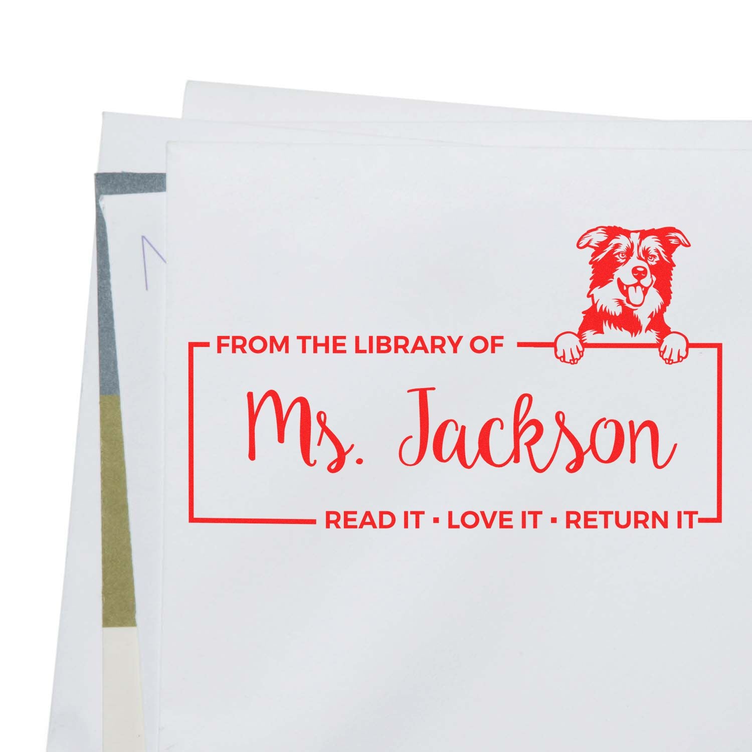Personalized library book stamp with dog design for Ms. Jackson, reading From the Library OfRead It, Love It, Return It.