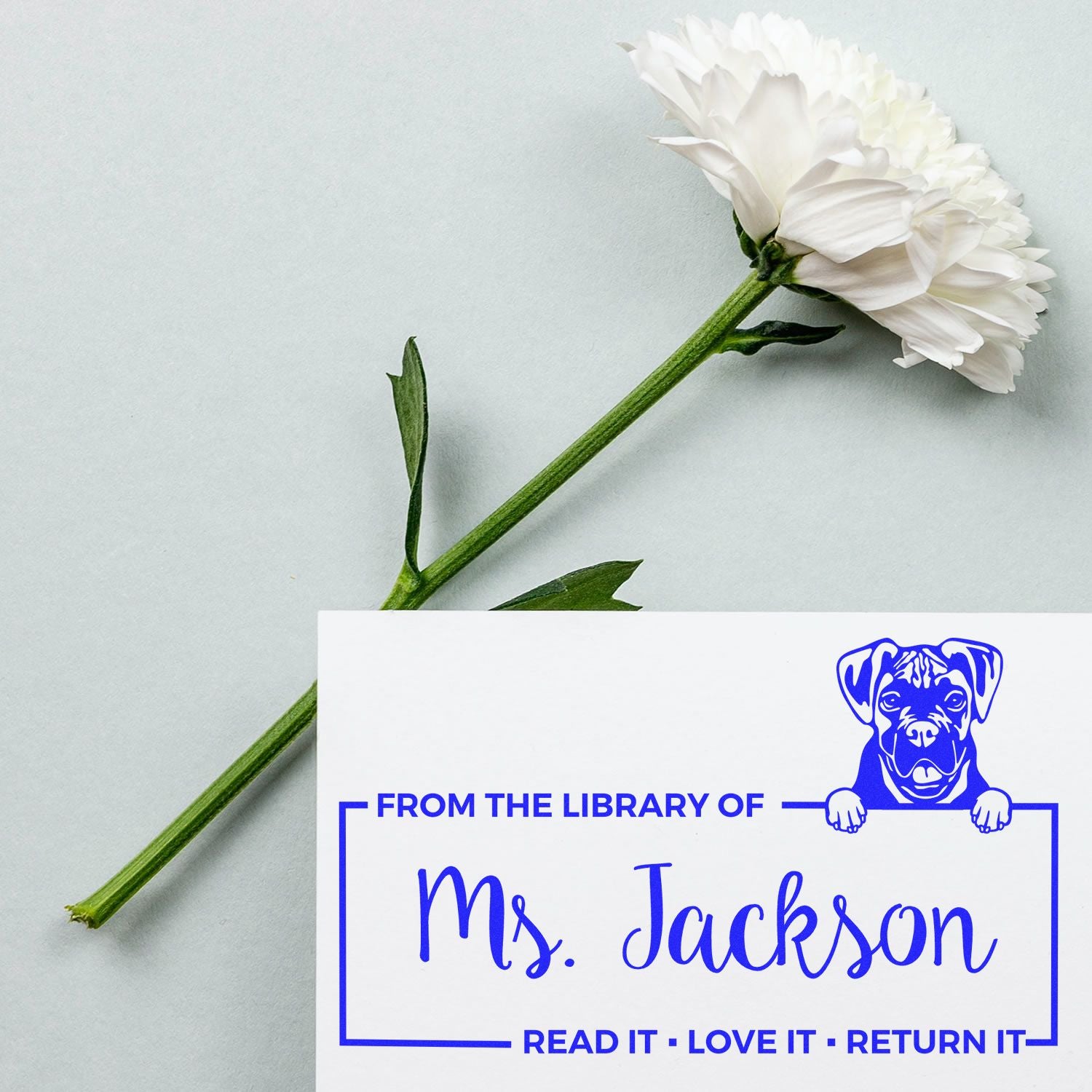 Personalized rubber library stamp with dog design, reading From the Library of Ms. Jackson for custom book return labels.