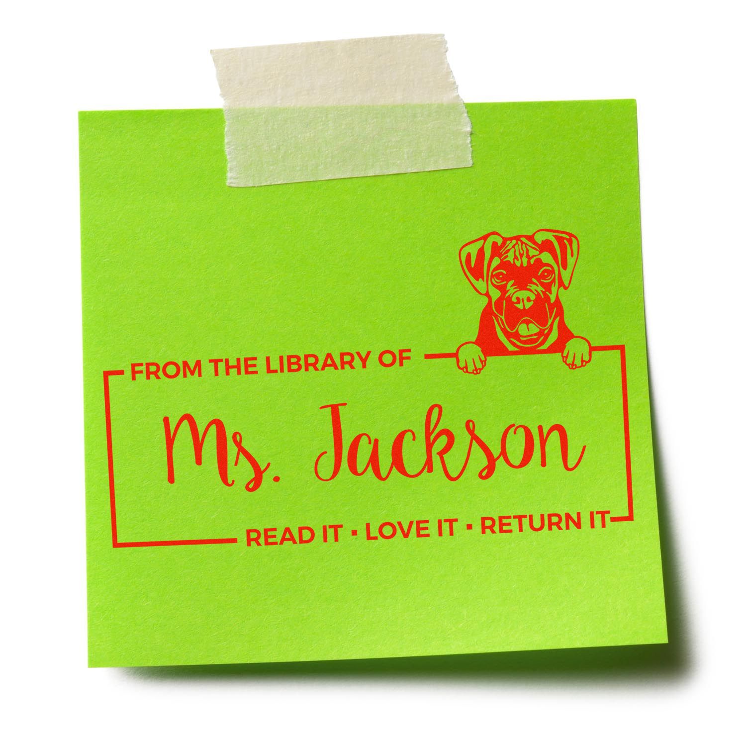 Custom personalized library rubber stamp for books: From the Library of Ms. Jackson with dog graphic and return reminder.