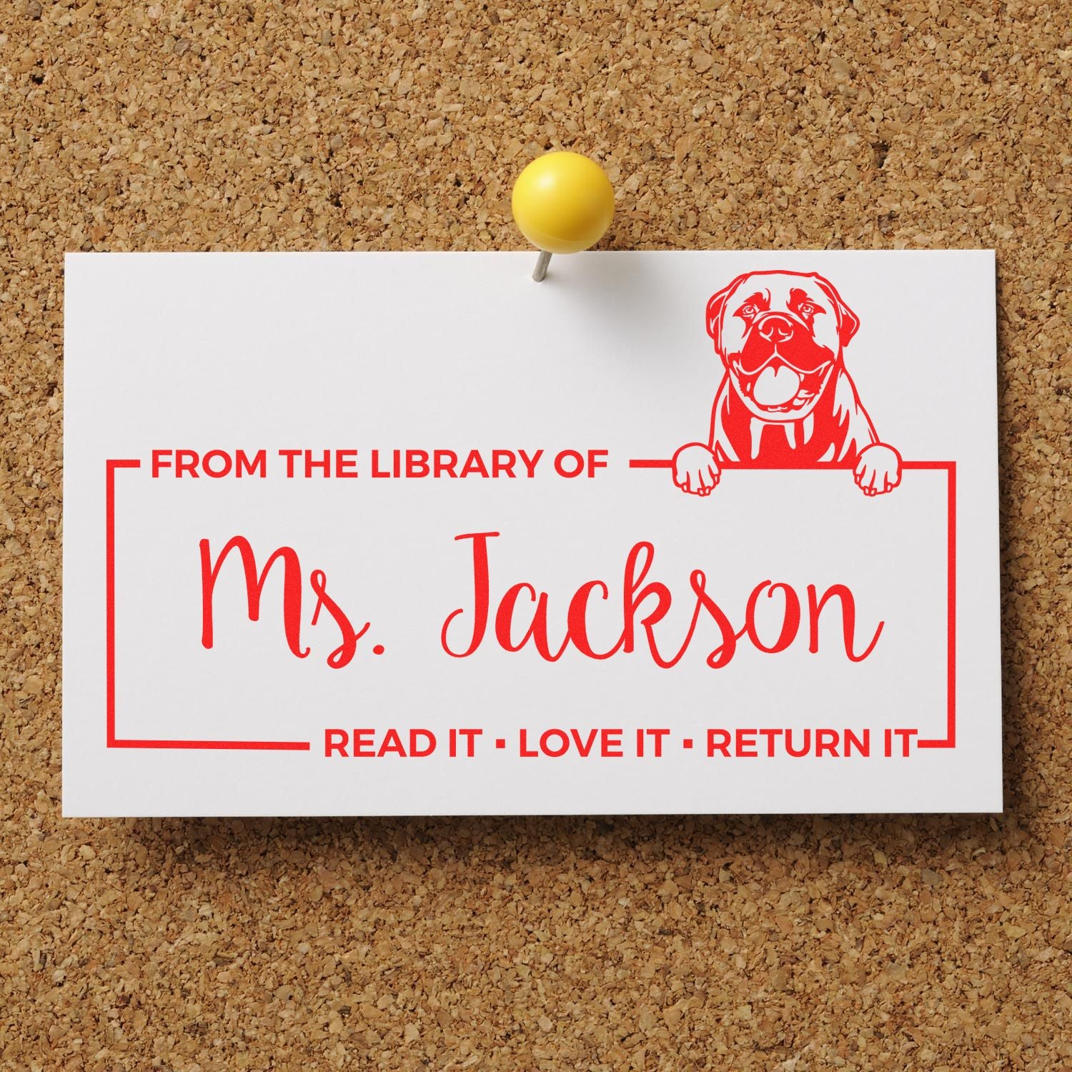 Custom library rubber stamp for Ms. Jackson books with dog mascot and Read It, Love It, Return It message.