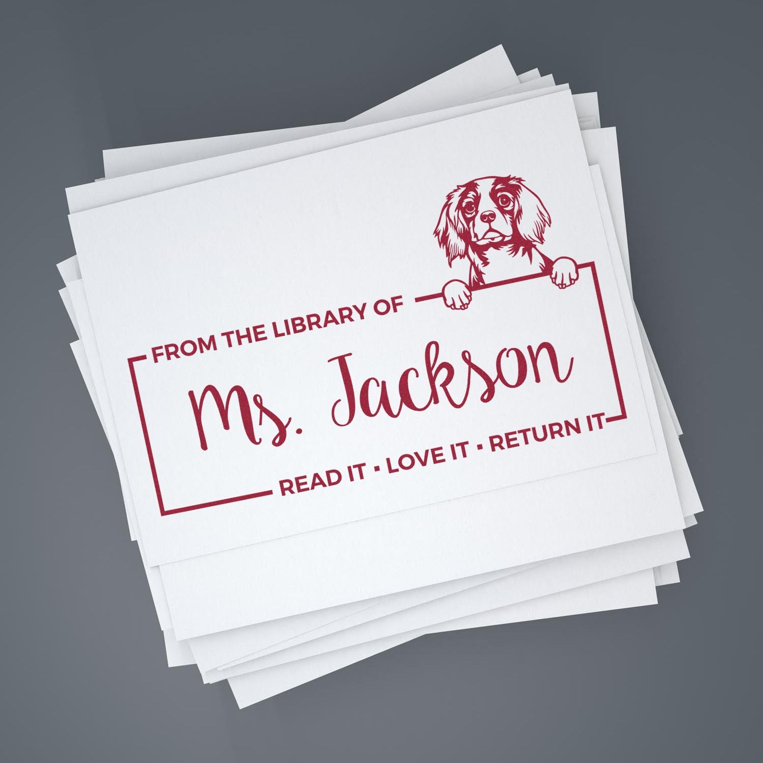 Custom rubber stamp reading From the Library of Ms. Jackson with dog design for personalized book return labels.