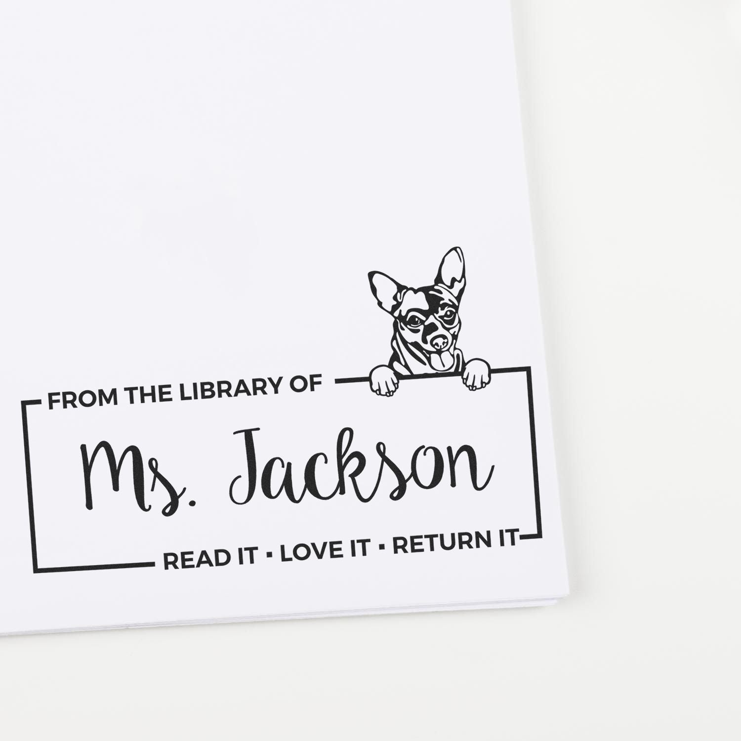 Personalized rubber book stamp with Chihuahua, reading From the Library of Ms. Jackson and Read it, Love it, Return it.
