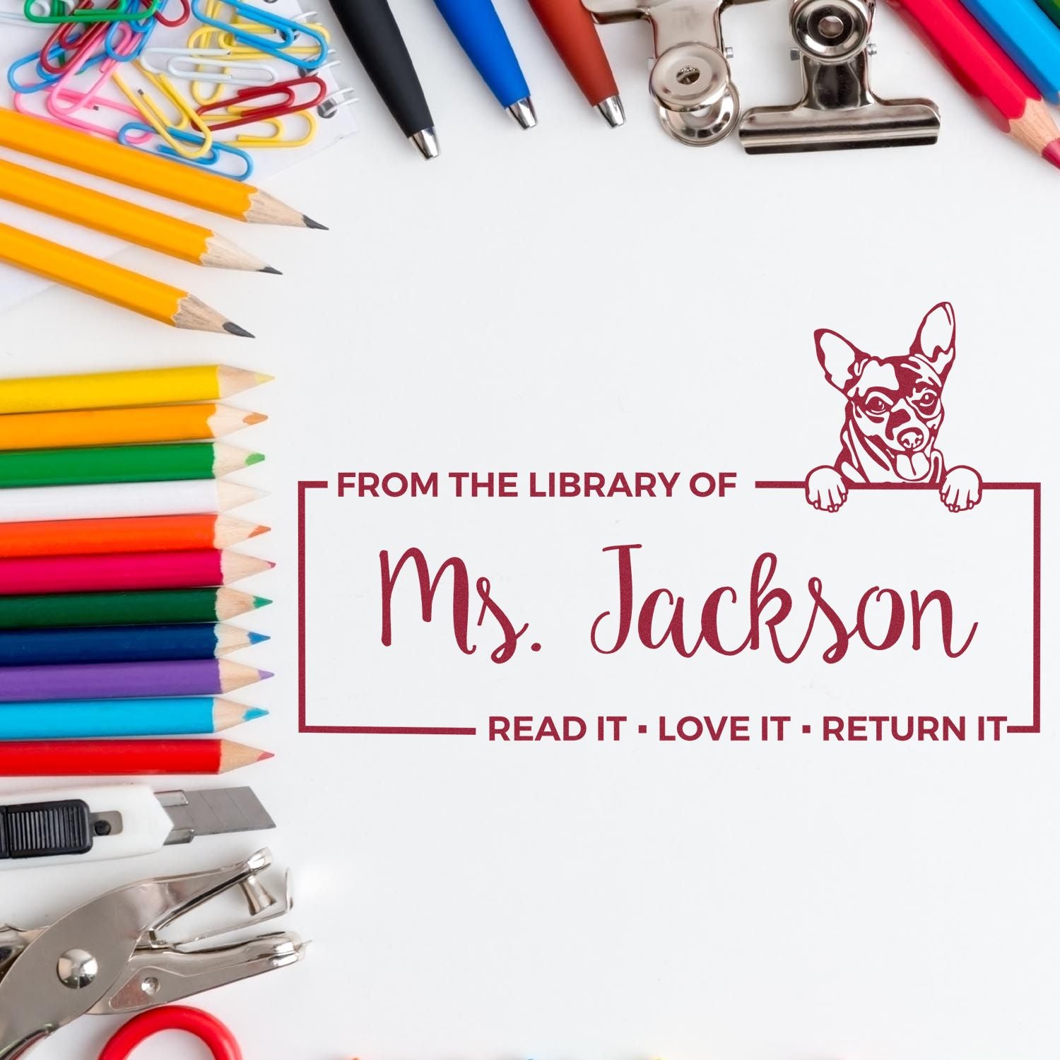 Personalized library rubber stamp for Ms. Jackson with dog design, reading From the Library of and Read it, Love it, Return it.