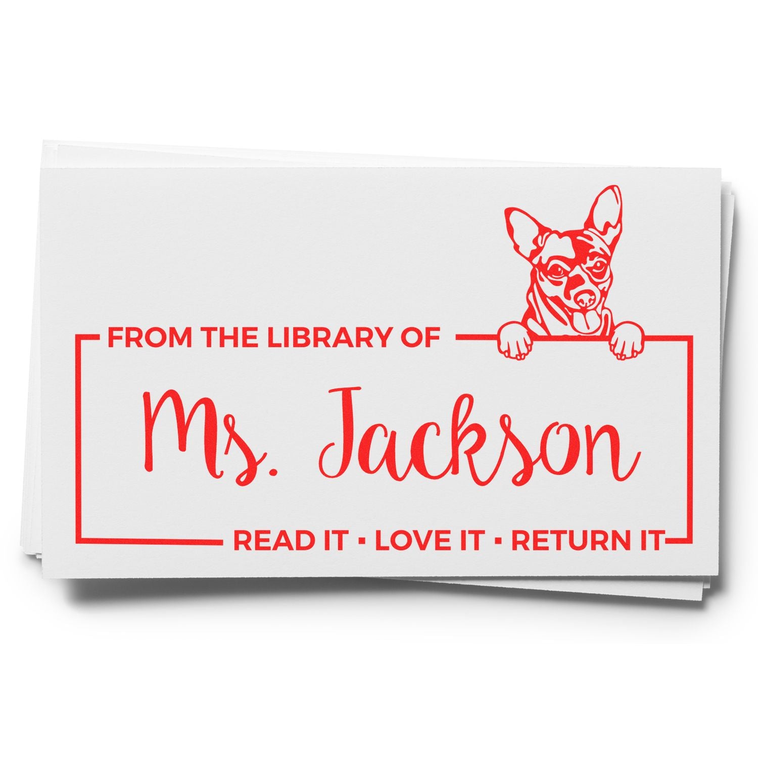 Personalized library rubber stamp with dog graphic, featuring Ms. Jackson and Read It, Love It, Return It book return text.