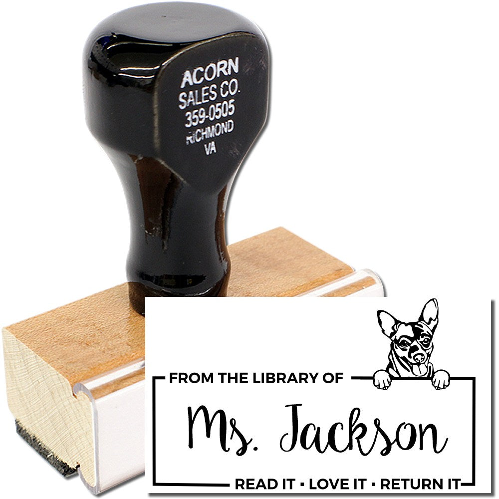 Personalized self-inking library rubber stamp with dog logo, reading From the Library of Ms. Jackson  Read it, Love it, Return it.
